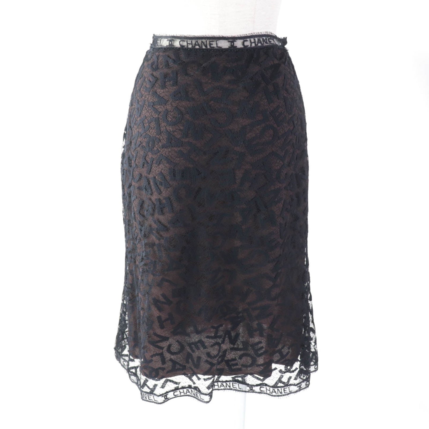 Chanel Logo Lace Knee Skirt Black 38