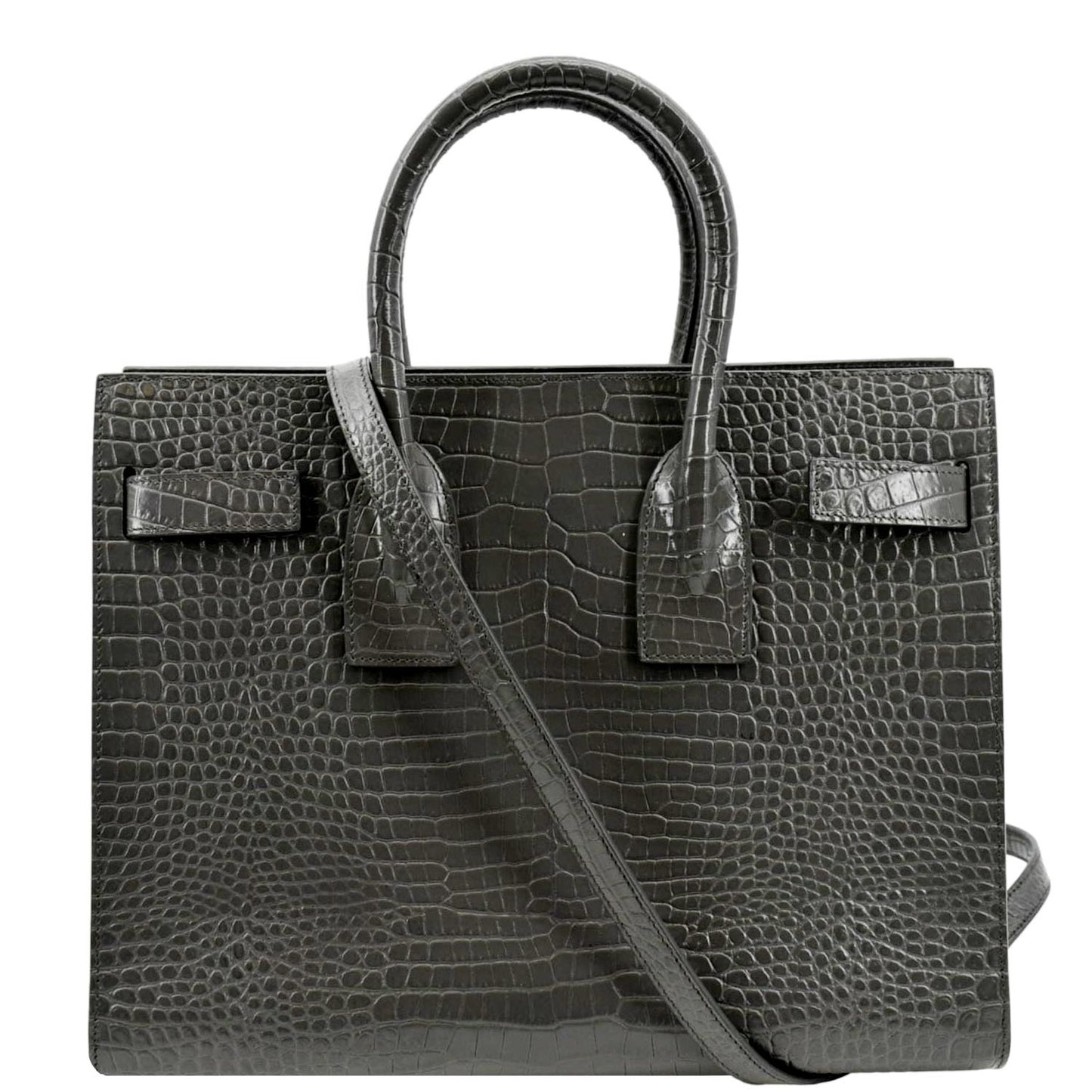 YSL Saint Laurent Yves Sac De Jour Crocodile Satchel Bag Grey Gray Embossed
