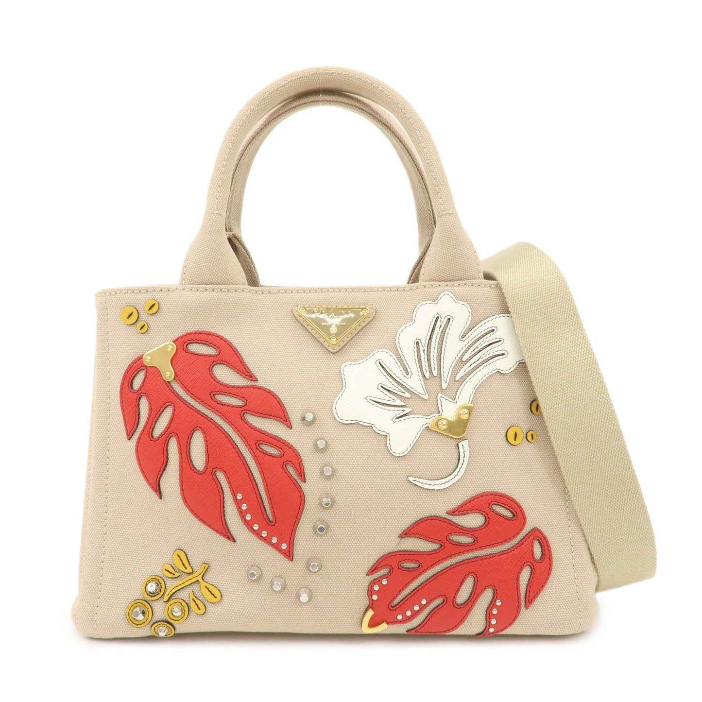 Prada Bag Hibiscus Canapa 2Way Bag d Leather Canvas Beige Mini Bag