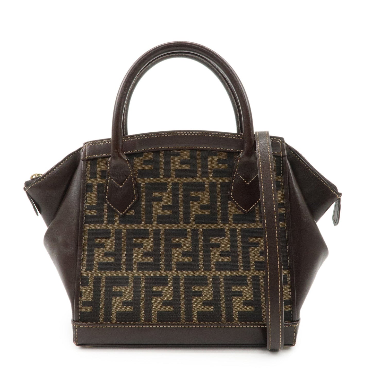 Fendi Shoulder Bag Zucca 2 way Hand Bag d Leather Canvas Brown