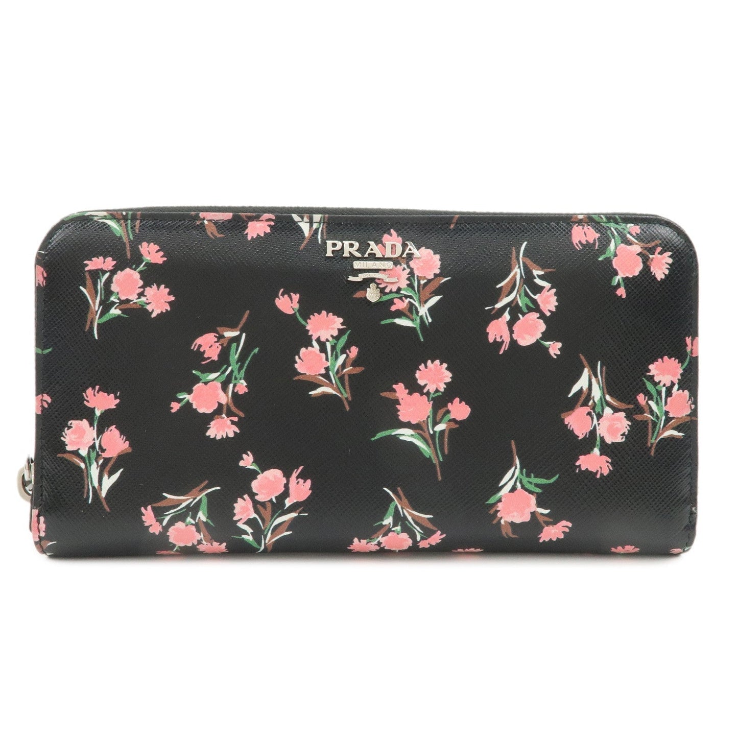 Prada Round Zipper Long Wallet Flower d Leather Black Logo Handbag