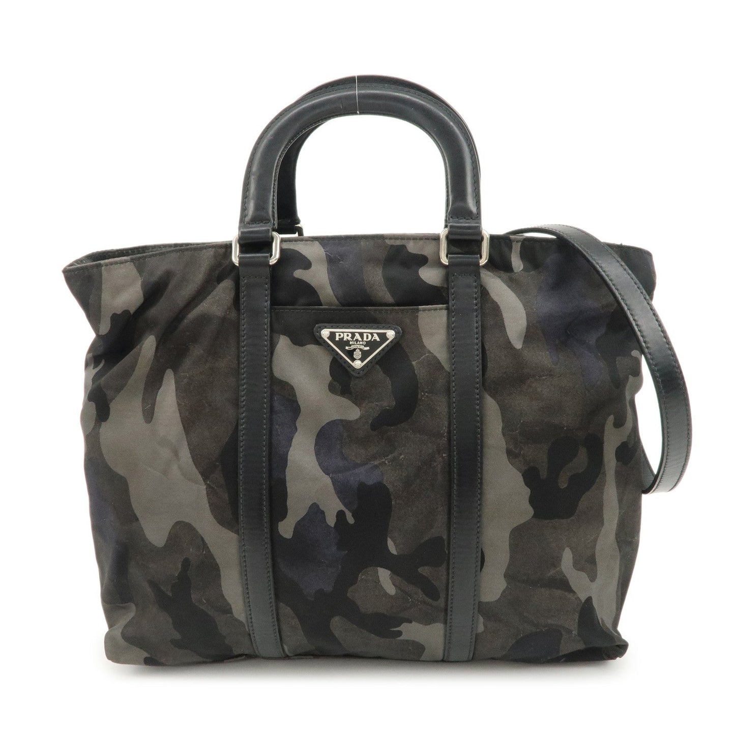 Prada 2Way Hand Bag Camouflage Khaki d Leather Nylon Black Handbag