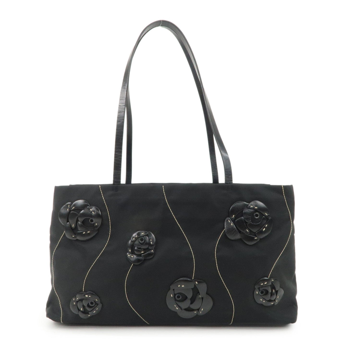 Prada Tote Bag Traiangle Flower d Leather Nylon Black