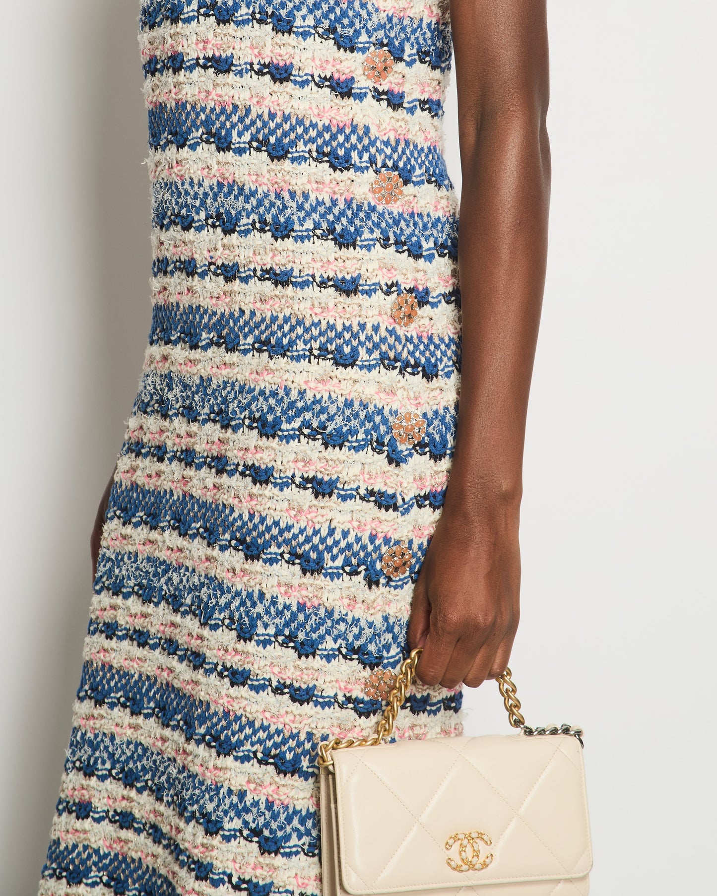 Chanel Pink, Blue & Cream Crochet Midi Dress With Metallic Thread Detail and Decorative Buttons Size FR 40 (UK 12)