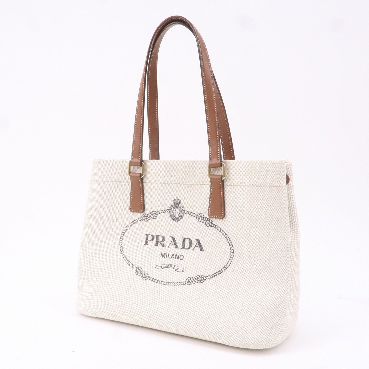 Prada Prada Logo Canvas Linen Leather Tote Bag Ivory