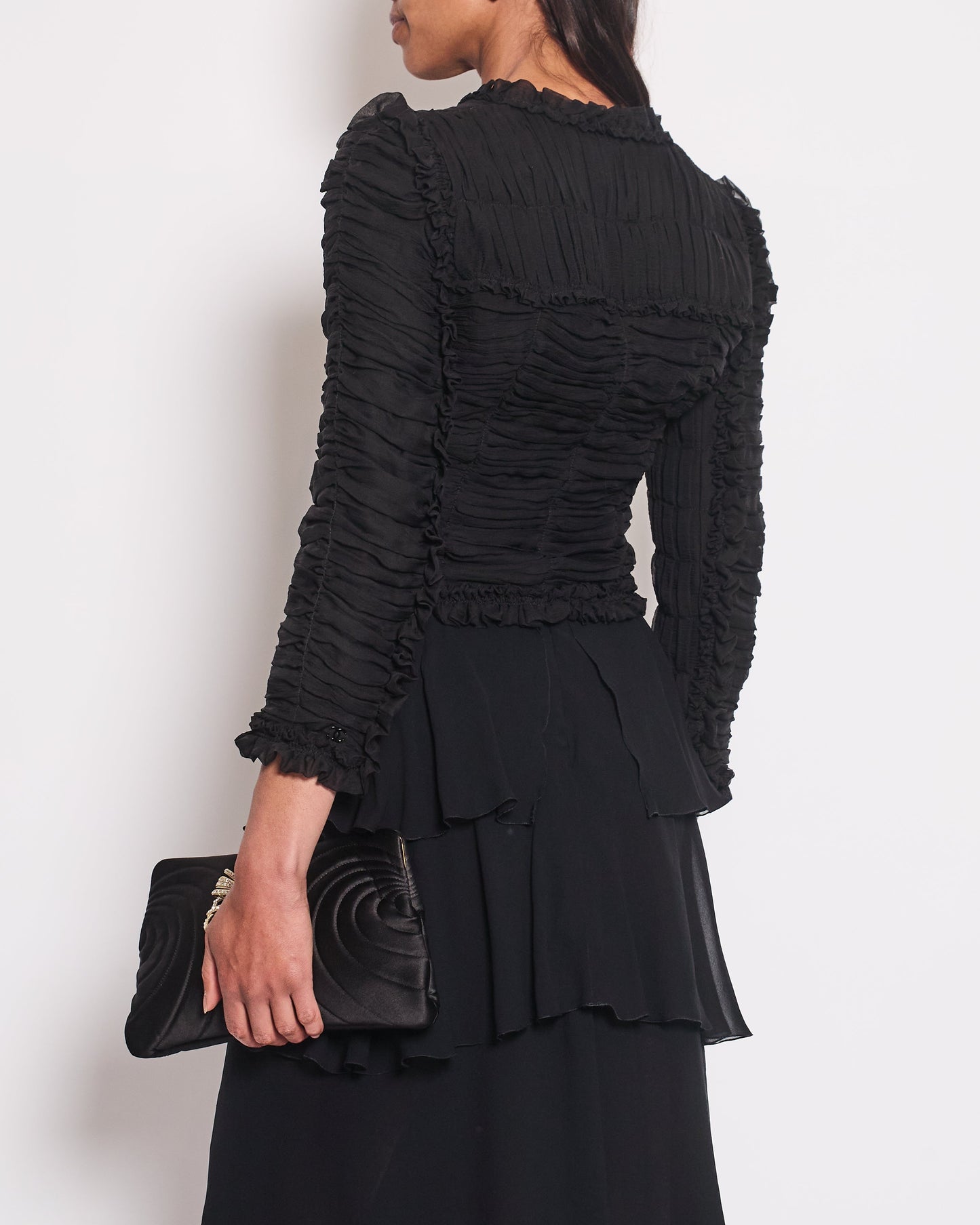 Chanel Black Ruched Long Sleeve Silk Blo with Bows Detail FR 38 (UK 10) Accessory