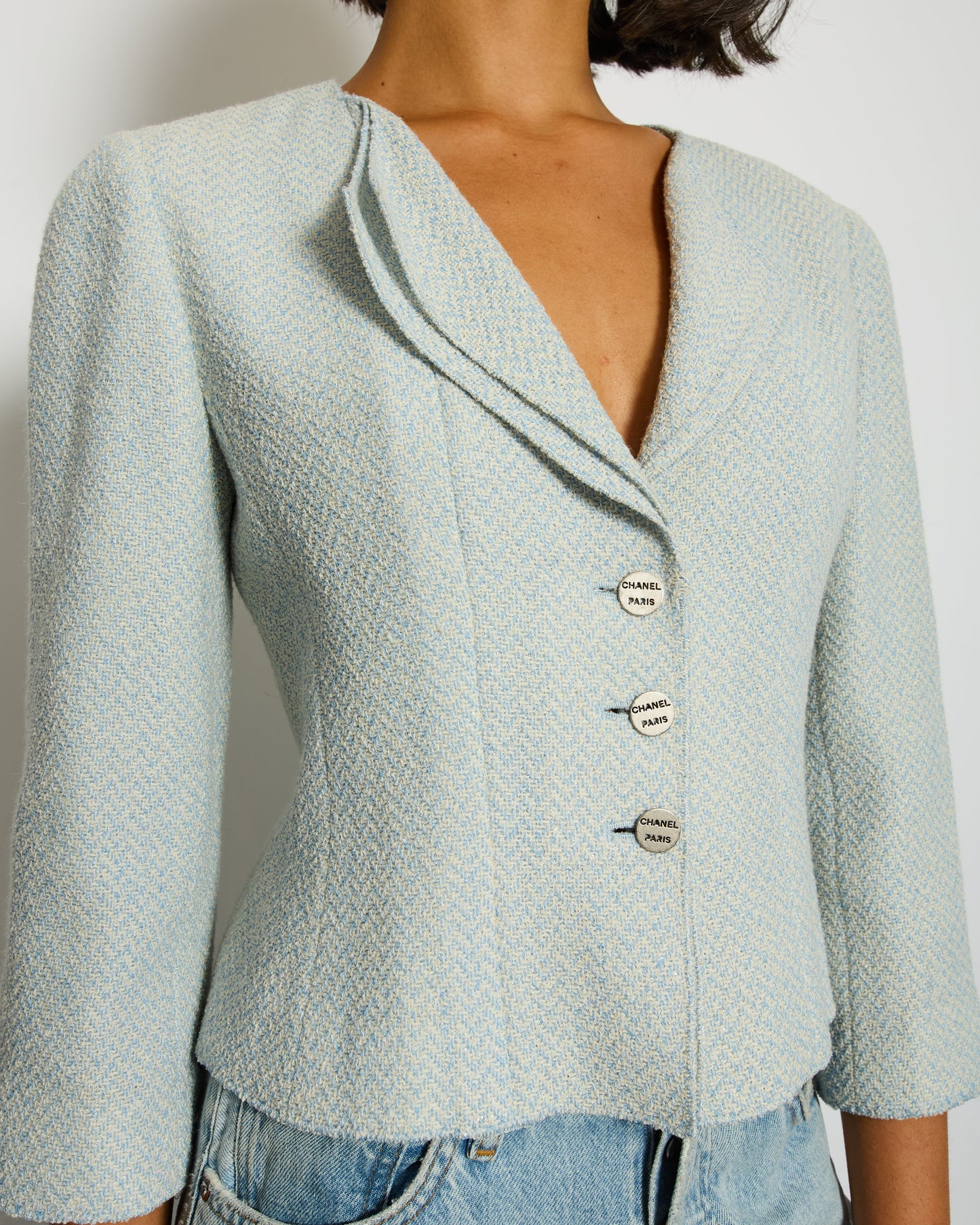 Chanel Baby Blue Tweed Jacket with Silver Logo Button Details Size FR 38 (UK 10)
