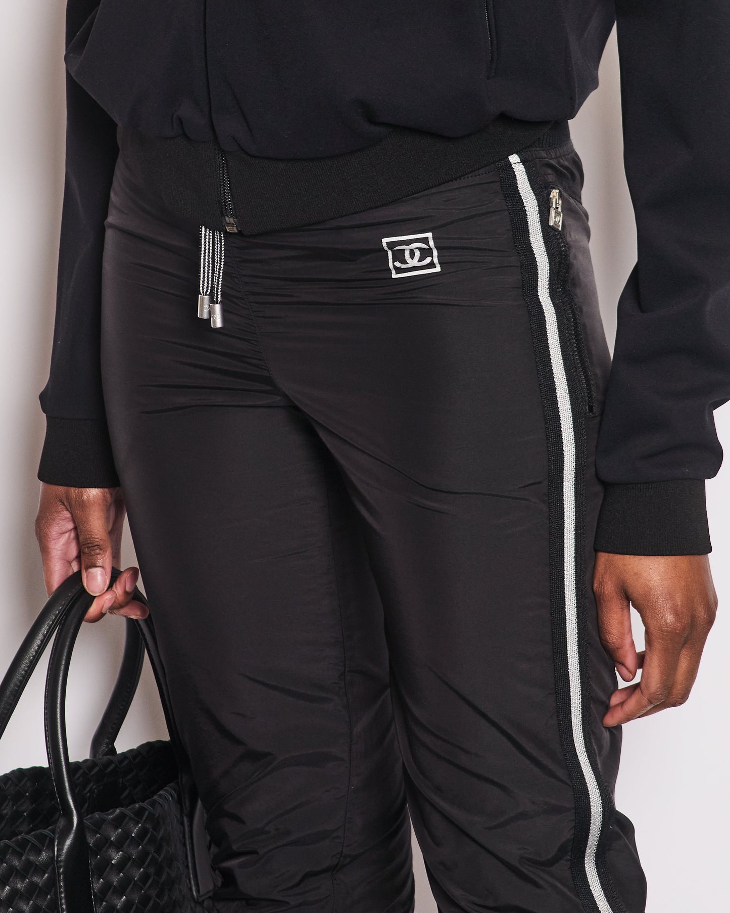 Chanel Black Nylon 3/4 Length Tro rs with Cuffed Leg Details and Silver Side Trims Size FR 34 (UK 6) Accessory