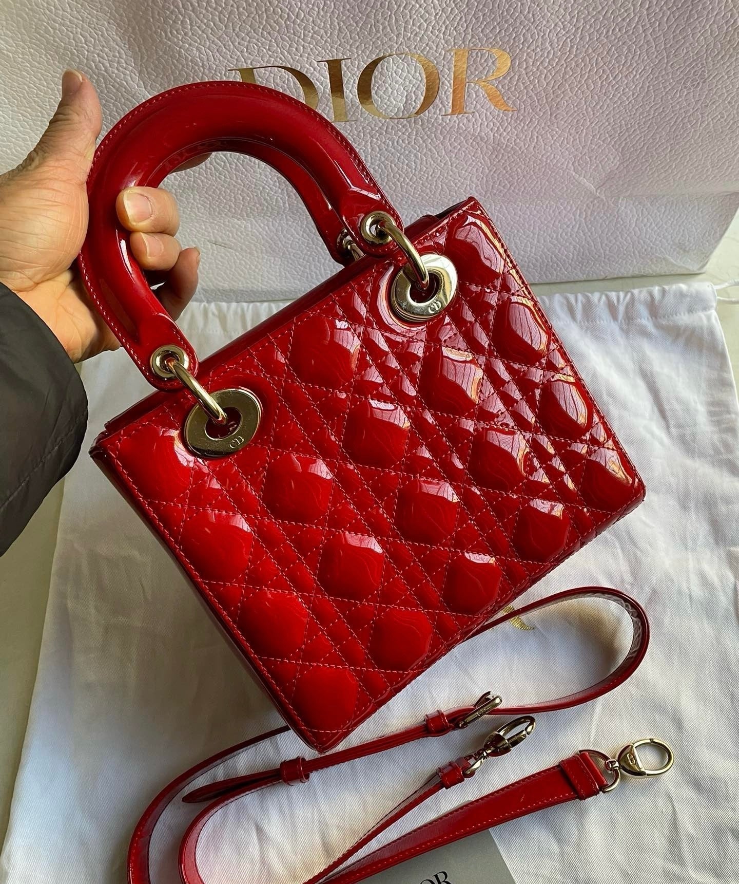 Dior Lady Patent With Strap Handbag Leather Red Travel Bag
