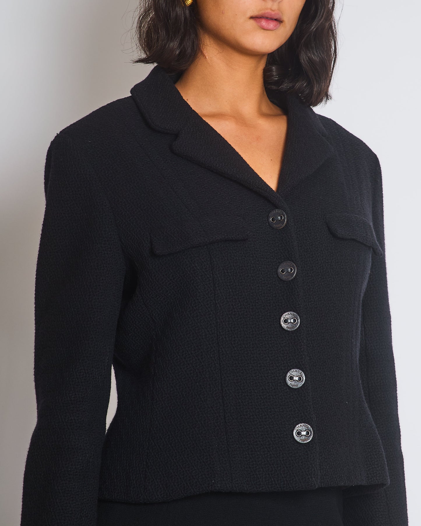 Chanel *FIRE * Black Wool Jacket with Zips on The Sleeves & Leather Buttons Size FR 42 (UK 14)