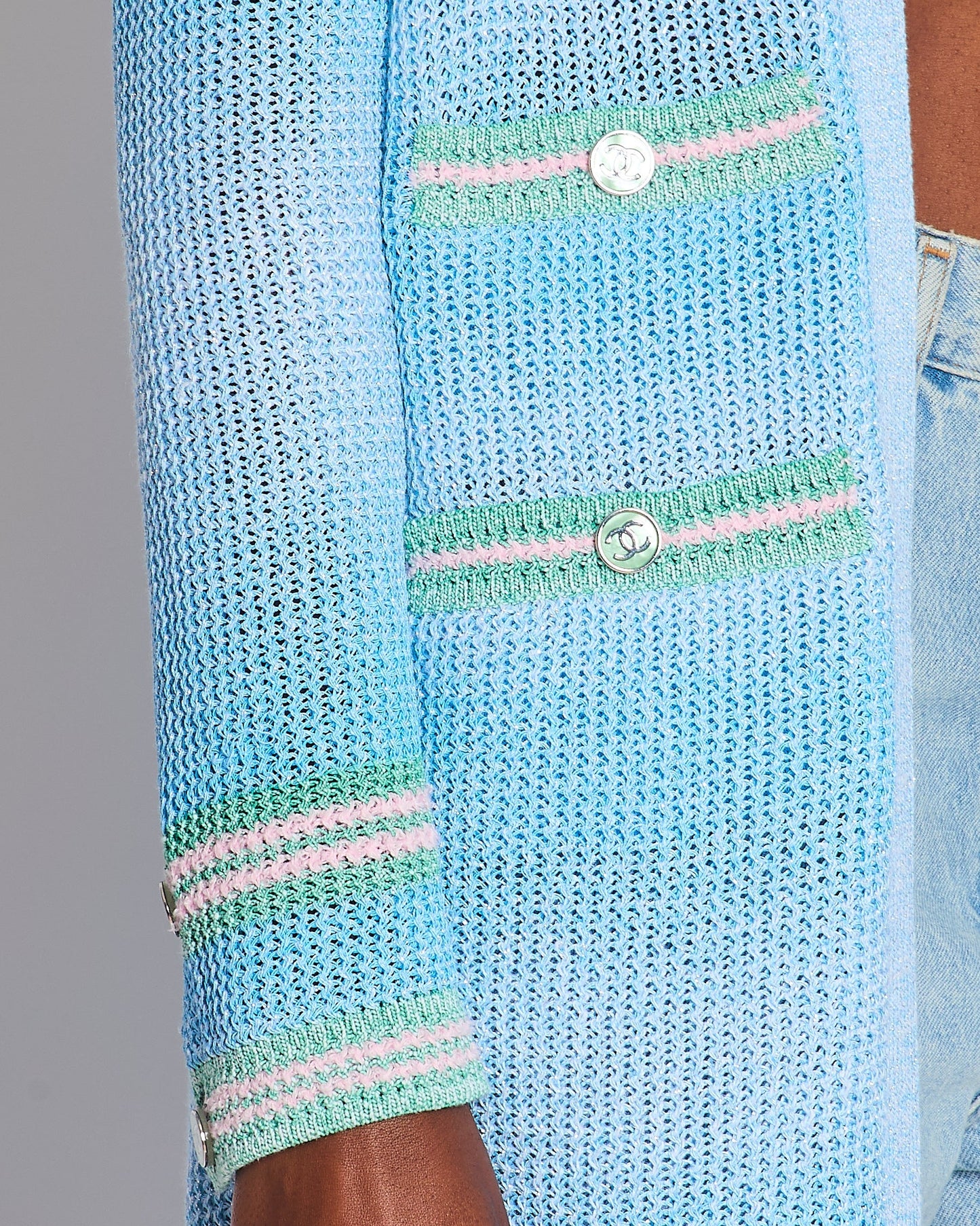 Chanel Blue Knitted Long-Line Striped Cardigan with CC Button Detail Size Fr 34 (UK 6) Apparel