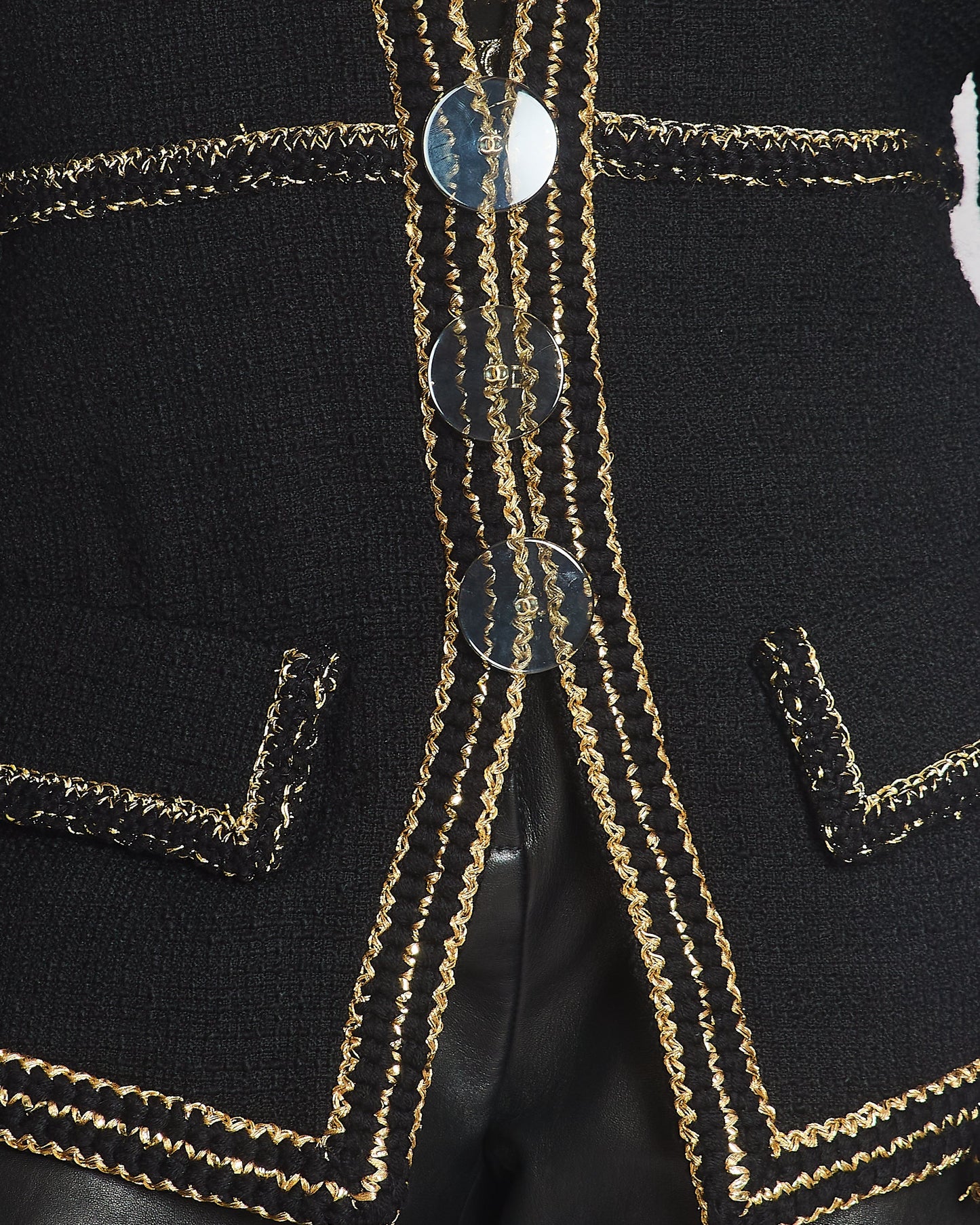 Chanel Metiers D'Art Paris-Ritz Cosmopolitan Black Tweed Jacket with Gold Trim & Smokey Transparent Button Details Size FR 50 (UK 20) RRP £7450