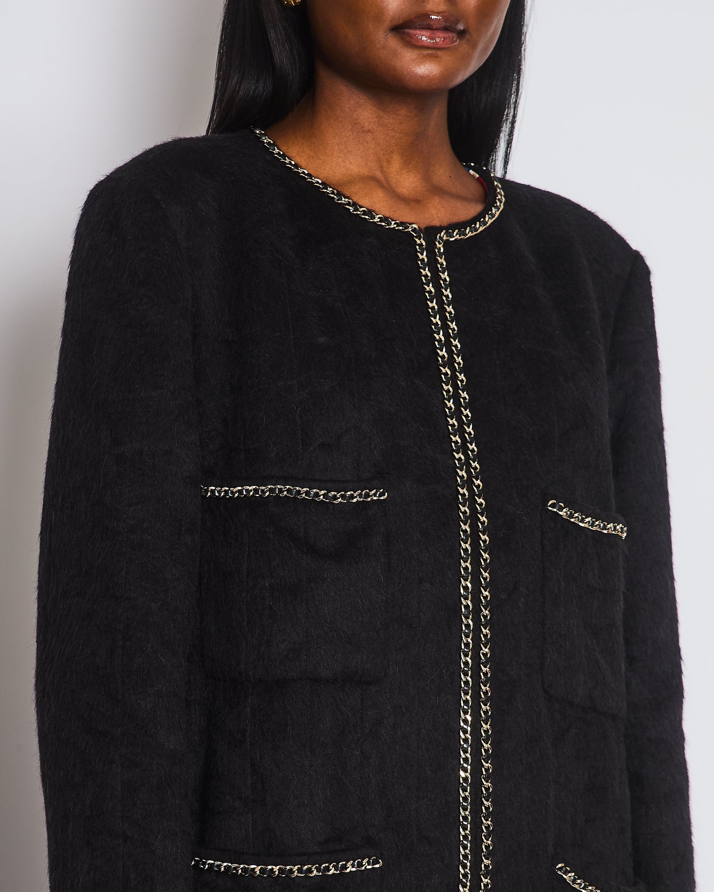 Chanel *HOT* Black Llama & Wool Coat with Gold Chain Trim and CC Buttons Size FR 44 (UK 12) RRP £6,730
