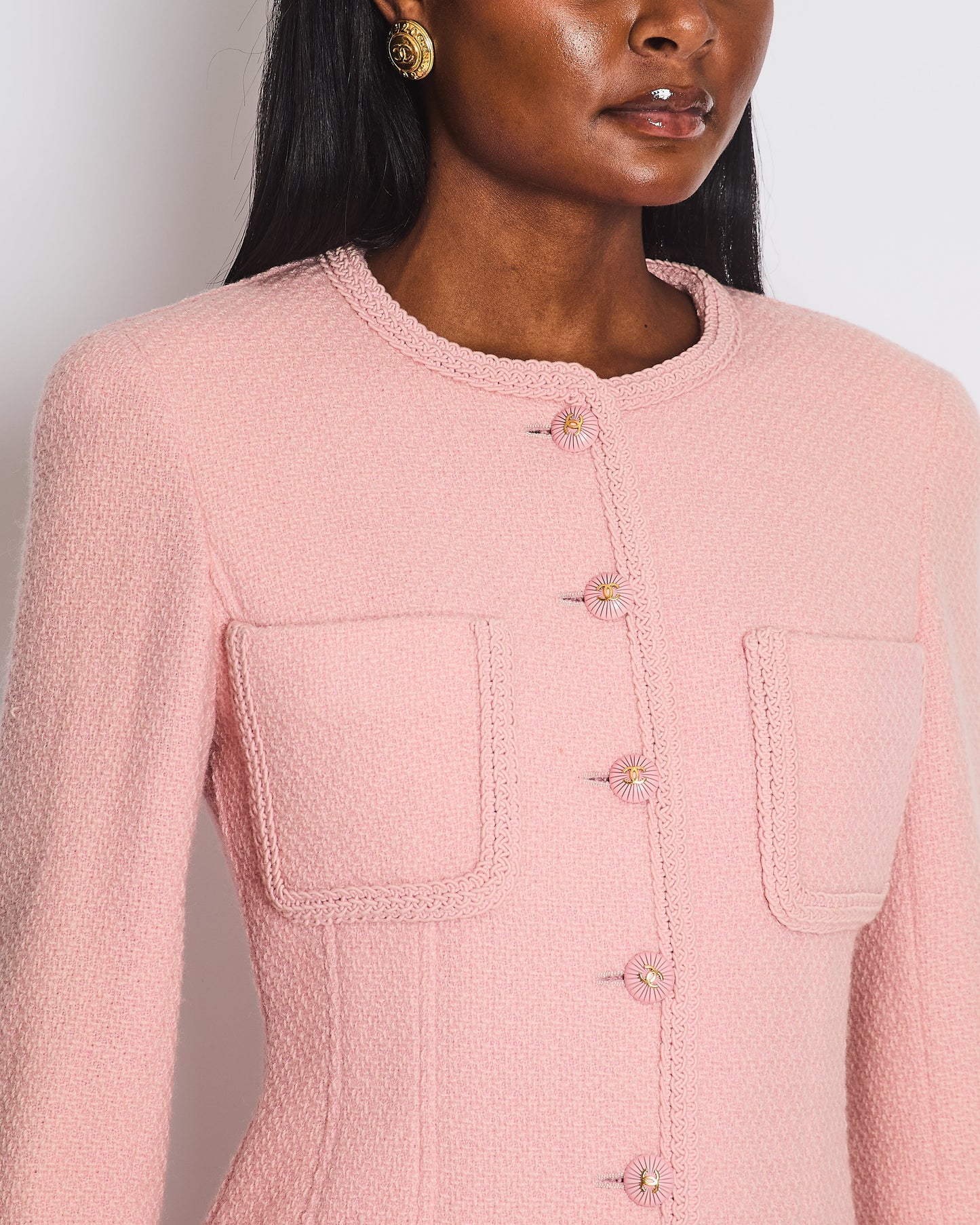 Chanel Pink Tweed Skirt and Jacket Set with Logo Buttons and Pocket Detail FR 38 (UK 10)