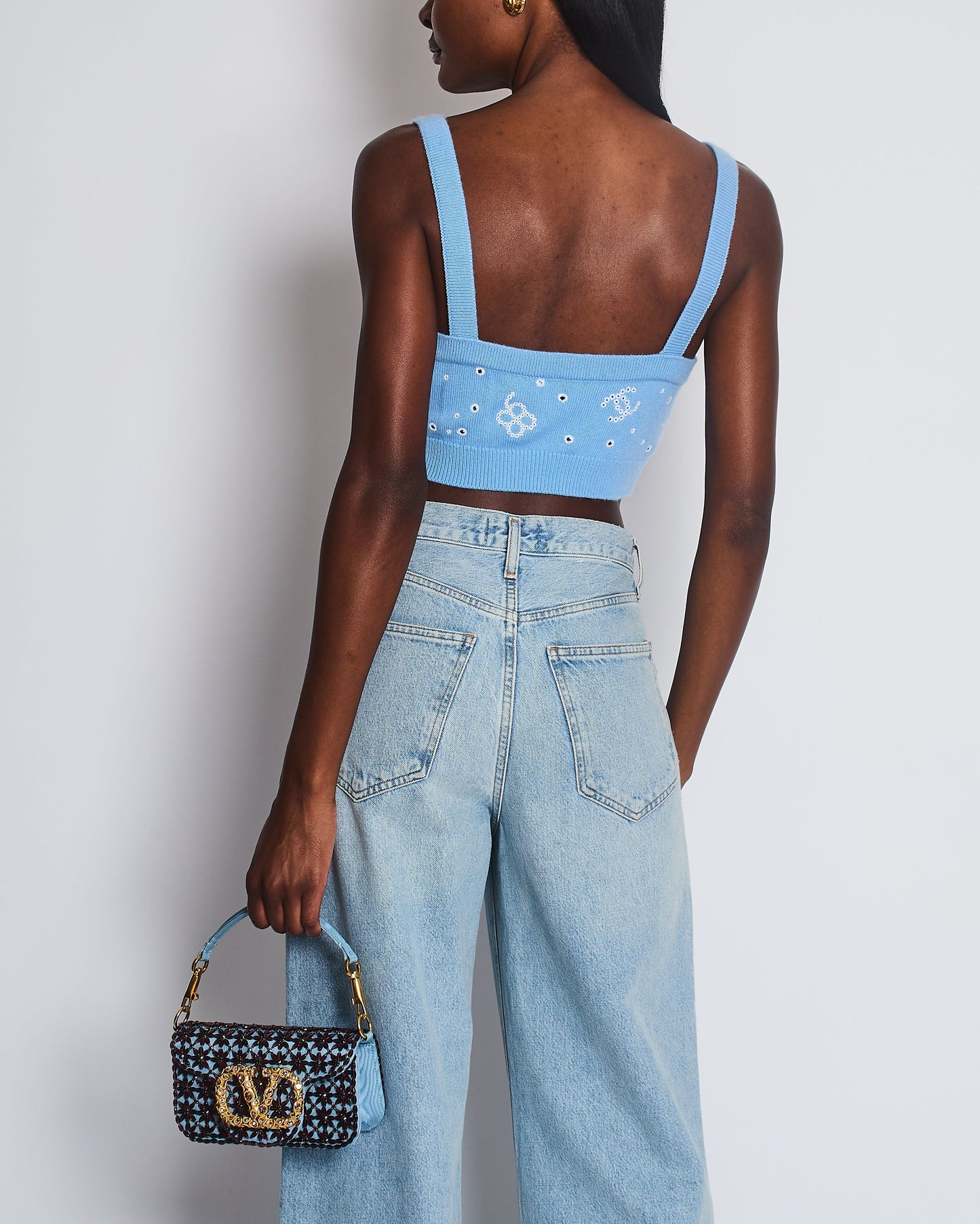 Chanel S/S 2023 Sky Blue Knitted Cropped Top with CC Logo & Shamrock Embroidery Details Size FR 38 (UK 10) Accessory