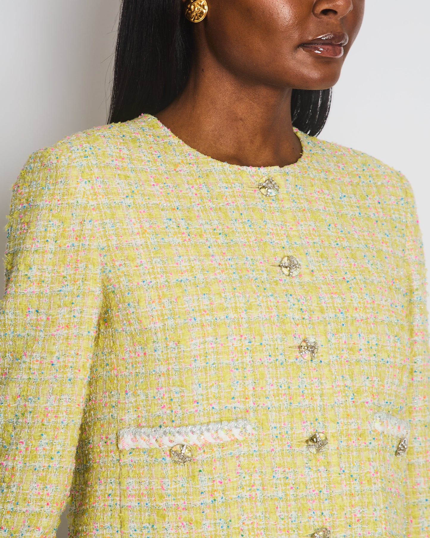 Chanel Yellow White Pink and Blue Metallic Tweed Check Collarless Jacket with Crystal CC Buttons Size FR 36 (UK 8) RRP £6,500
