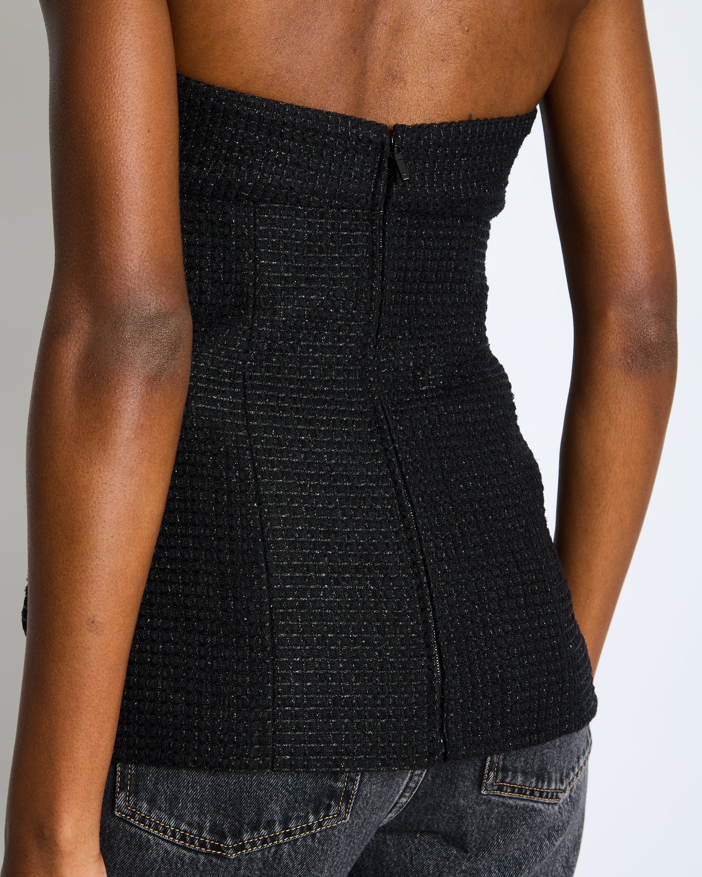 Chanel Black Shimmery Sleeveless Tweed Bustier Top with Silver CC Logo Button Size FR 34 (UK 6) Accessory
