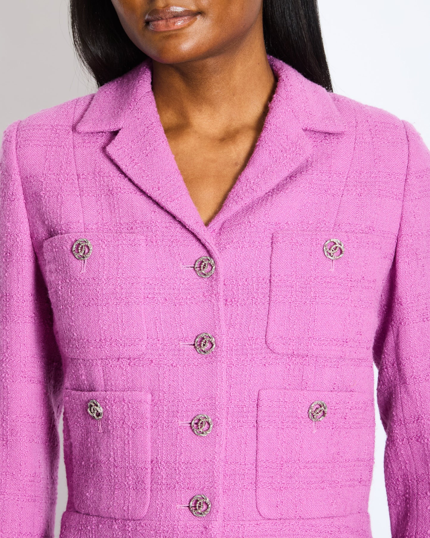 Chanel FW/23 Purple Wool Tweed Jacket with Silver CC Logo Buttons Size FR 36 (UK 8)
