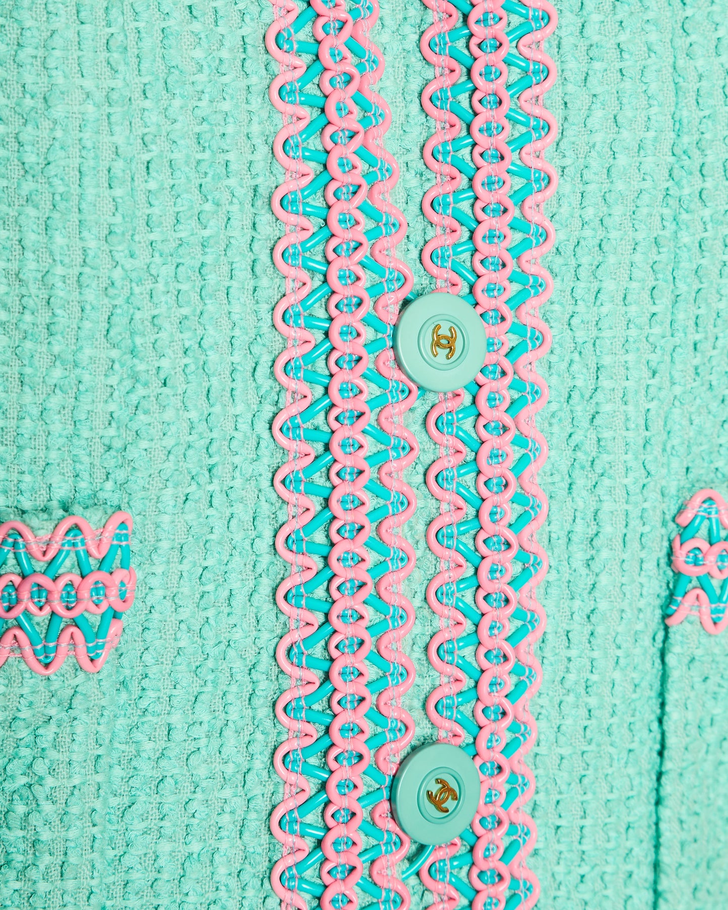 Chanel 1997 Mint Green & Pink Tweed Jacket and Skirt Set with Contrasting Stitching Details Size FR 38 (UK 10)