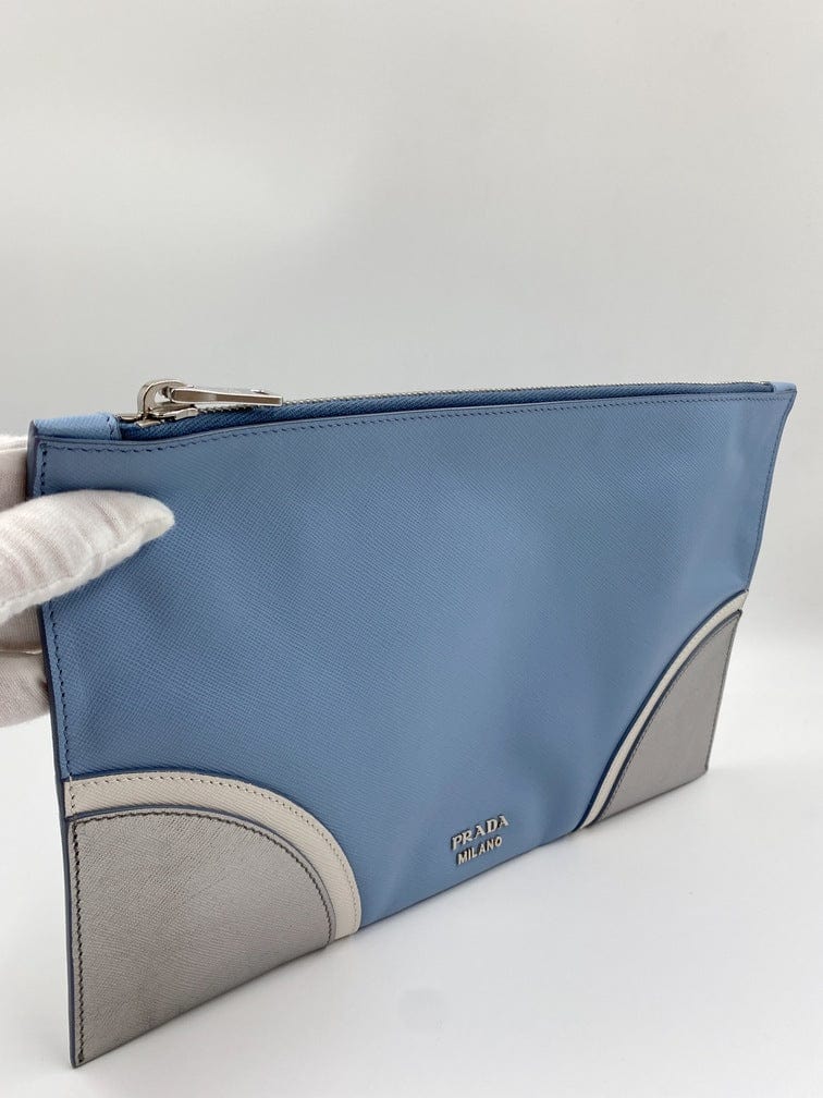 Prada Clutch Bag Leather Saffiano Blue