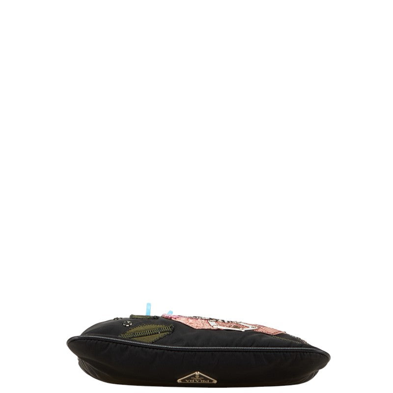 Prada Triangle Flower Embroidery Shoulder Bag Nylon Python Logo