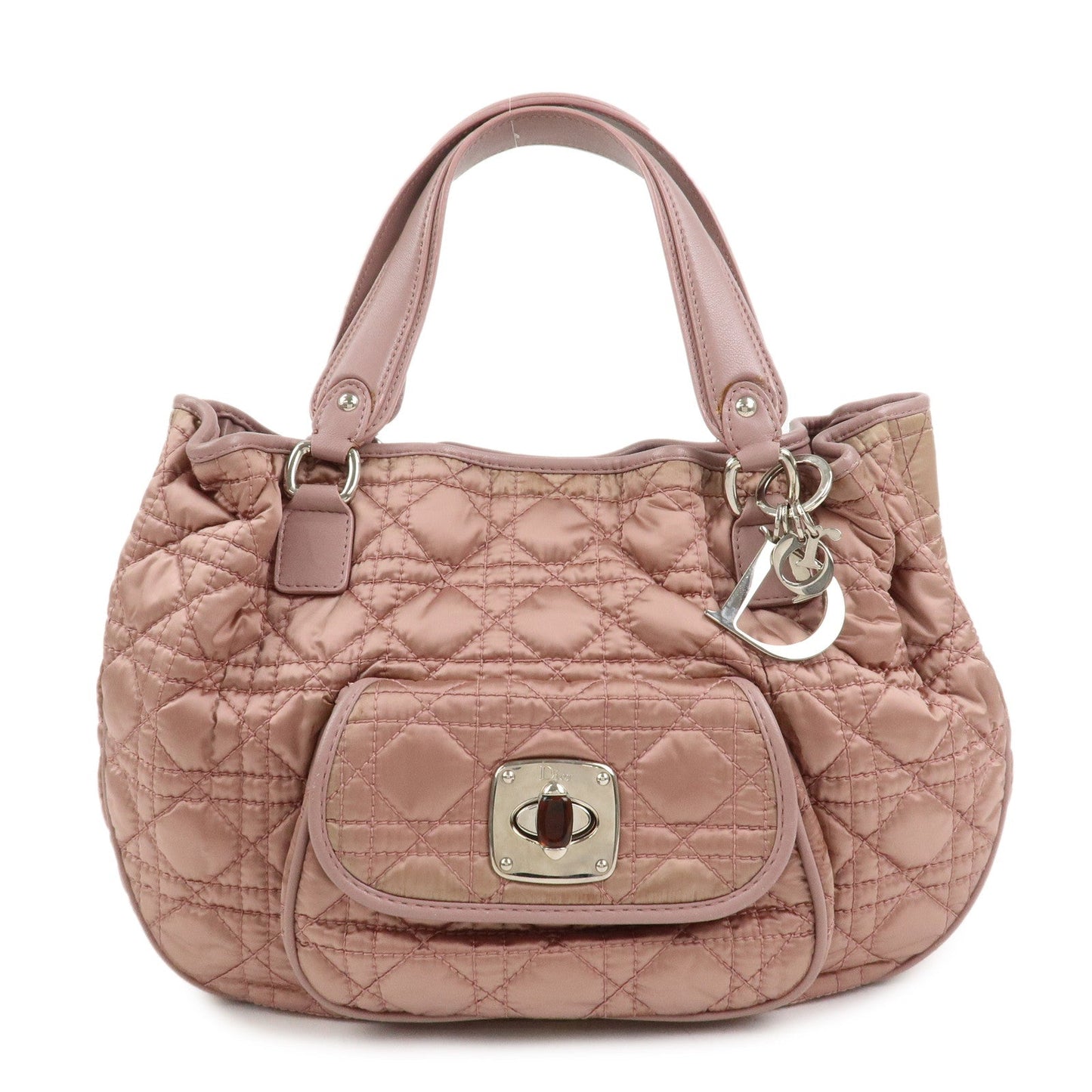 Dior Tote Bag Christian Cannage Hand Bag Leather Nylon Pink