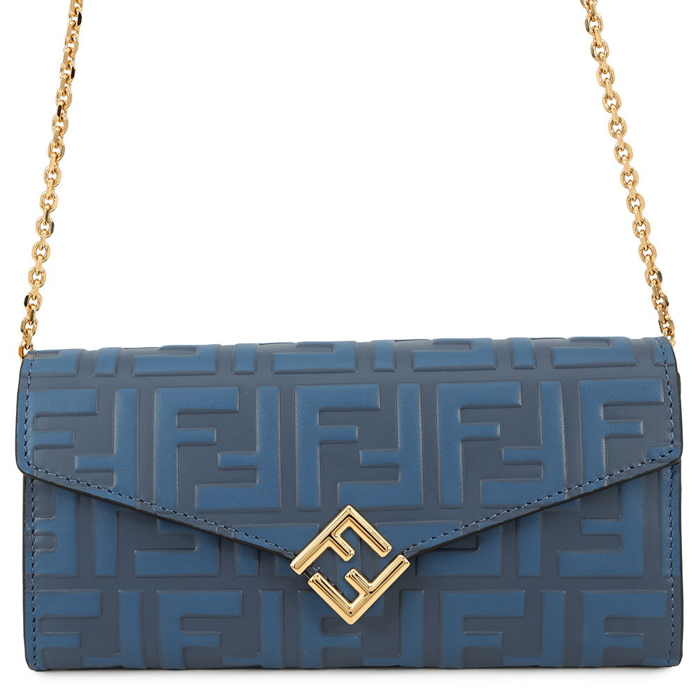 Fendi Zucca Pattern F is Long Wallet Blue8M0365 Leather Chain Handbag