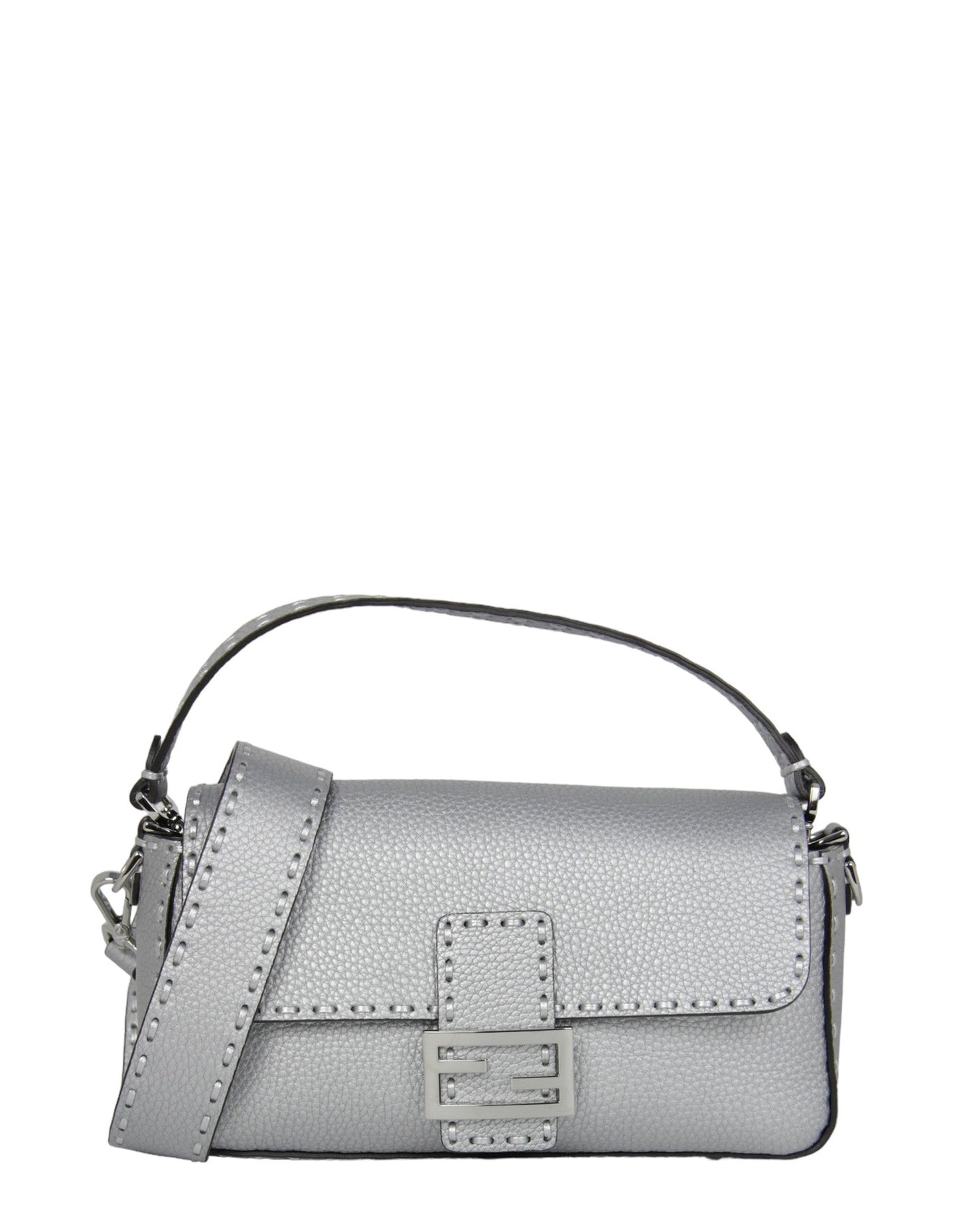 Fendi Handbag Selleria Baguette Bag w Oversized Topstitching Leather Silver Shoulder Bag