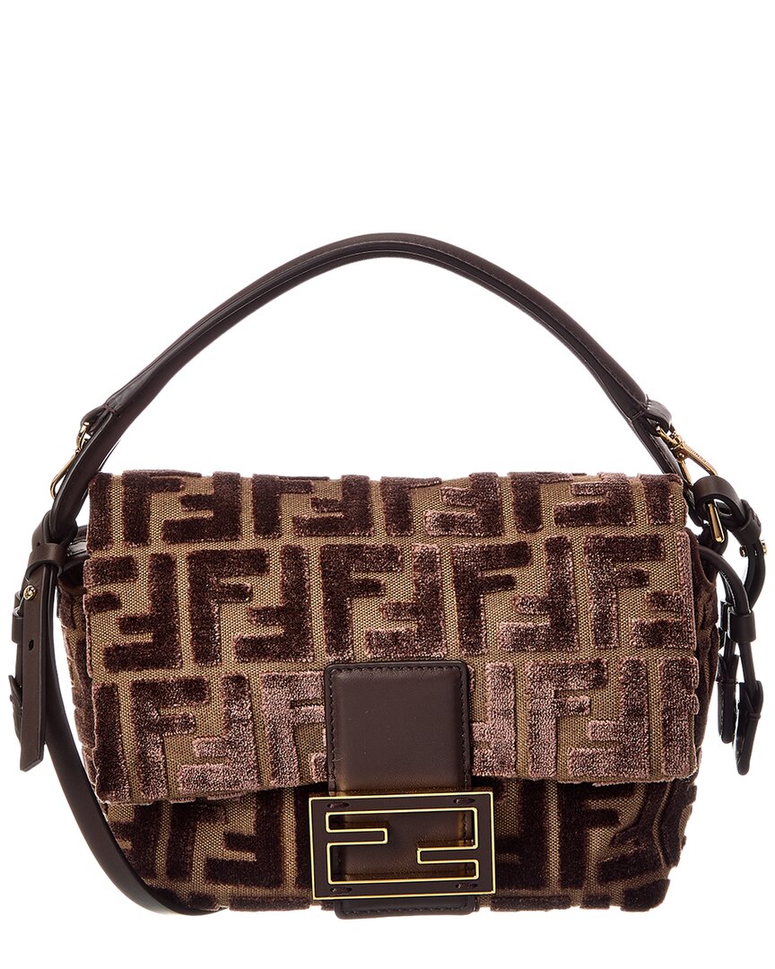 Fendi Handbag Mamma Baguette Ff Jacquard Velvet & Shoulder Leather Brown Small Shoulder Bag