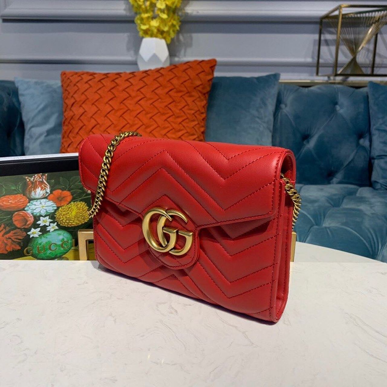 gg Marmont Matelassé Dusty Matelassé Red Mini Bag