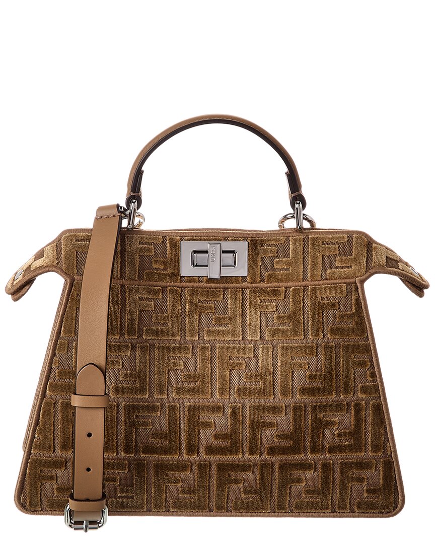 Fendi Handbag Peekaboo Iseeyou Ff Jacquard Velvet & Satchel Leather Beige Small Satchel Bag