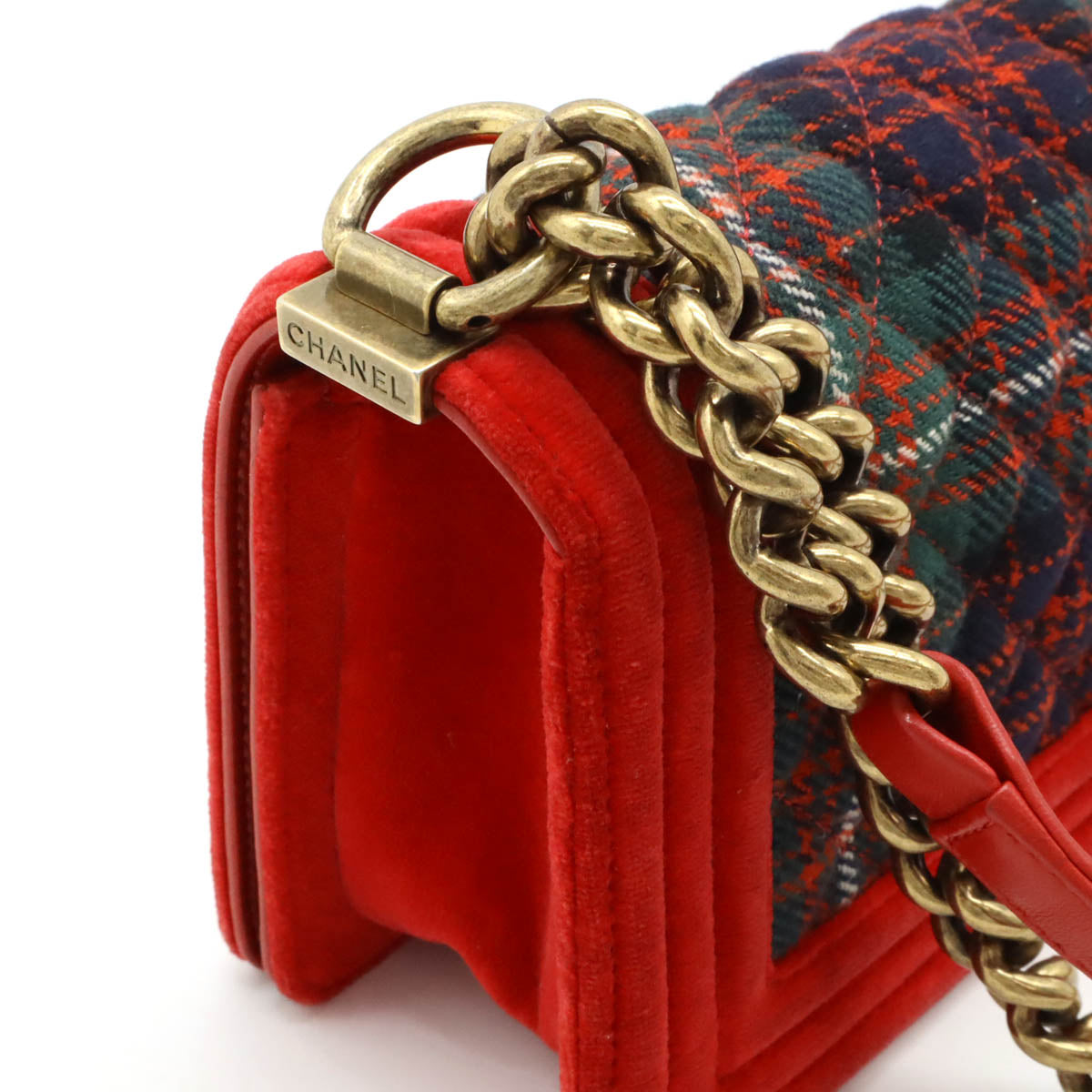 Chanel Velour Matelasse Boy Check Chain Shoulder Bag Red Green