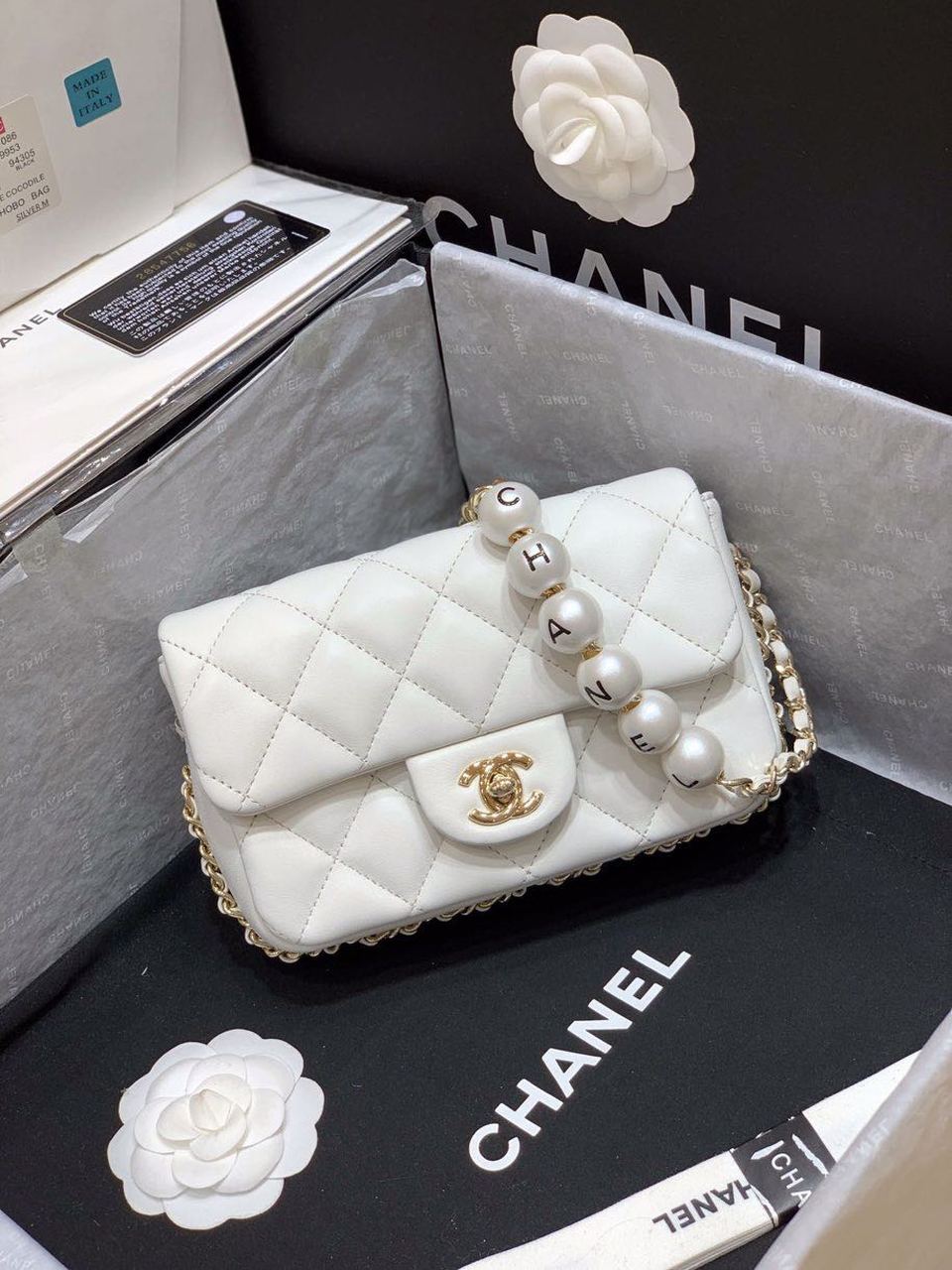CHLSmall Pearl Strap , ’s White Logo Flap Crossbody Bag