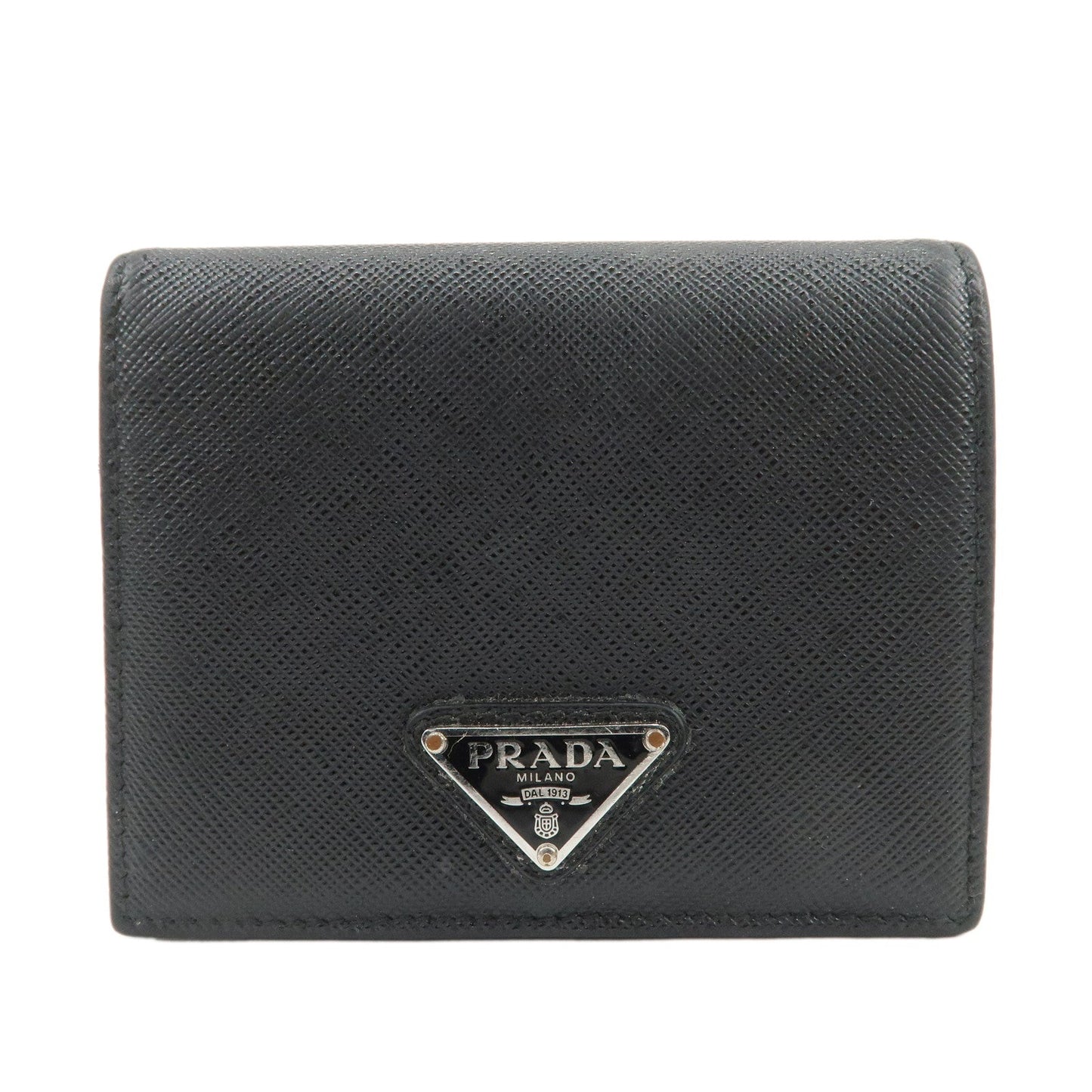 Triangle Bi-Fold Compact Wallet Leather Saffiano Black Handbag