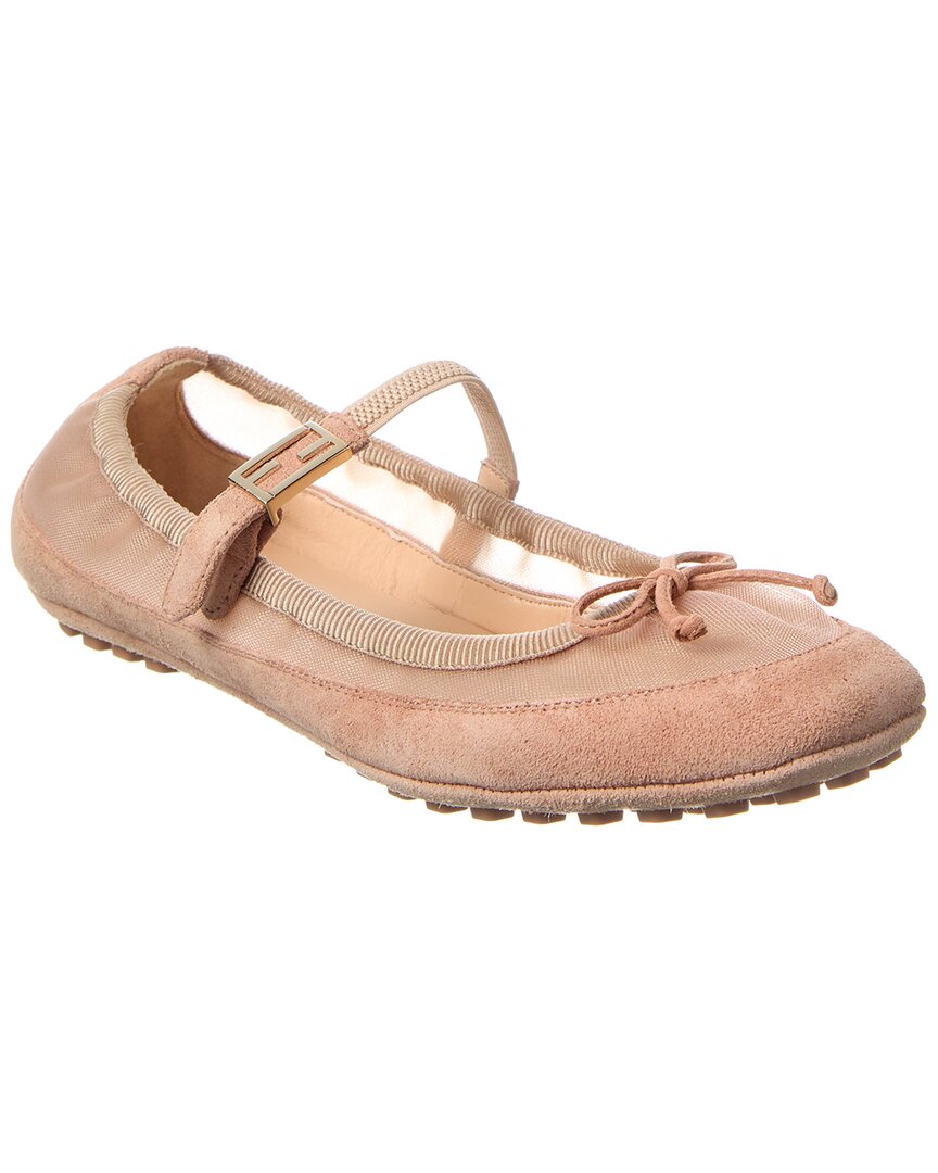 Fendi Shoe Baguette & Mesh Ballet Flat Suede Pink Shoes
