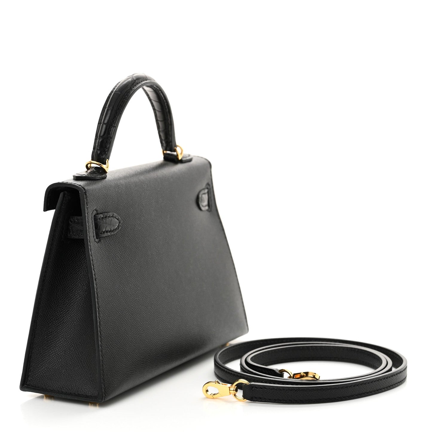 Hermes Madame Calfskin Matte Alligator Kelly Sellier Touch Handbag Black Mini Travel Bag