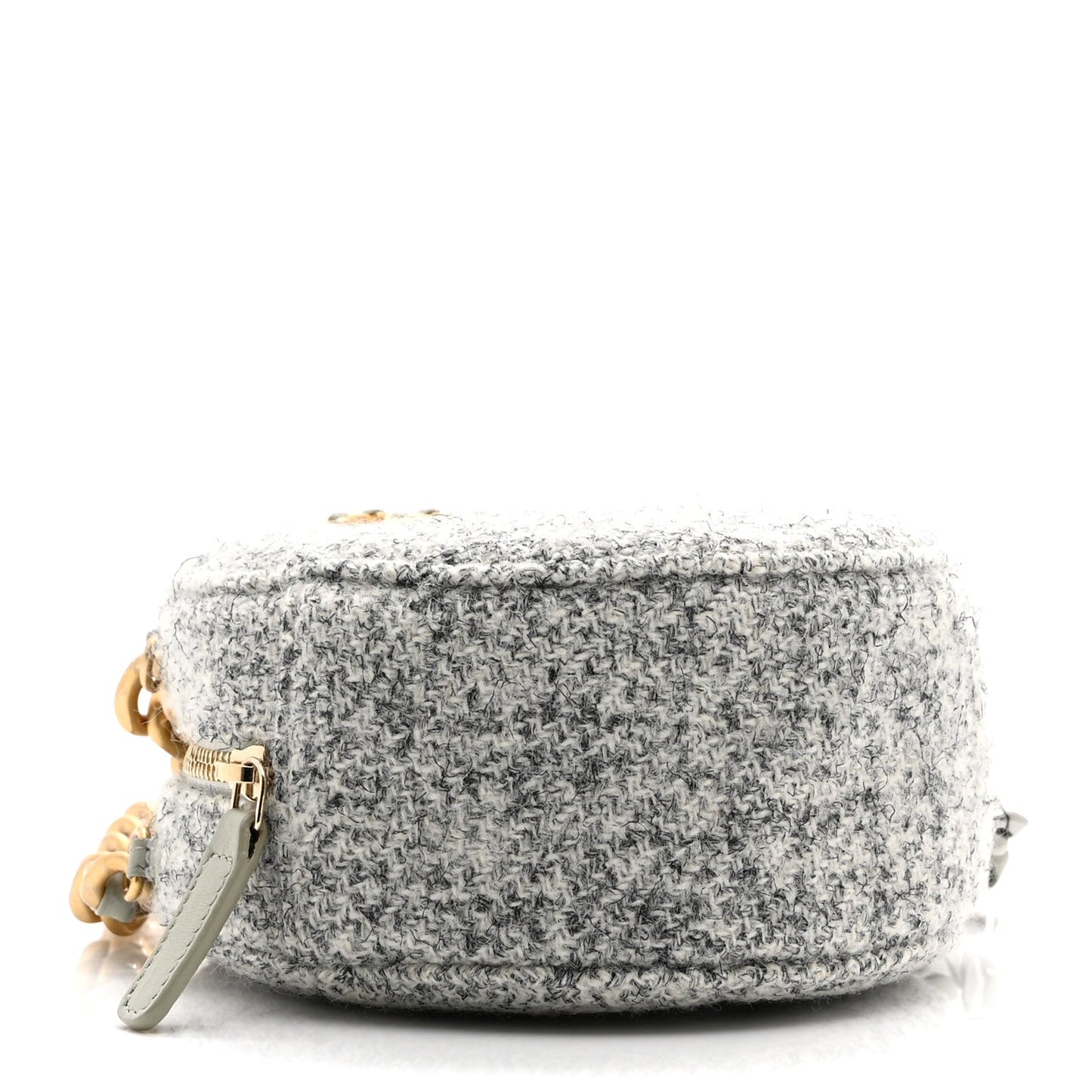 Chanel Wool Tweed Lambskin Quilted 19 Round Clutch With Chain Grey Ecru