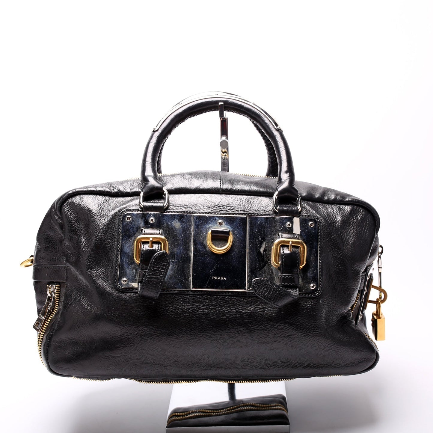 Prada Glace Calfskin Zippers Plaque Boston Bag Travel Bag