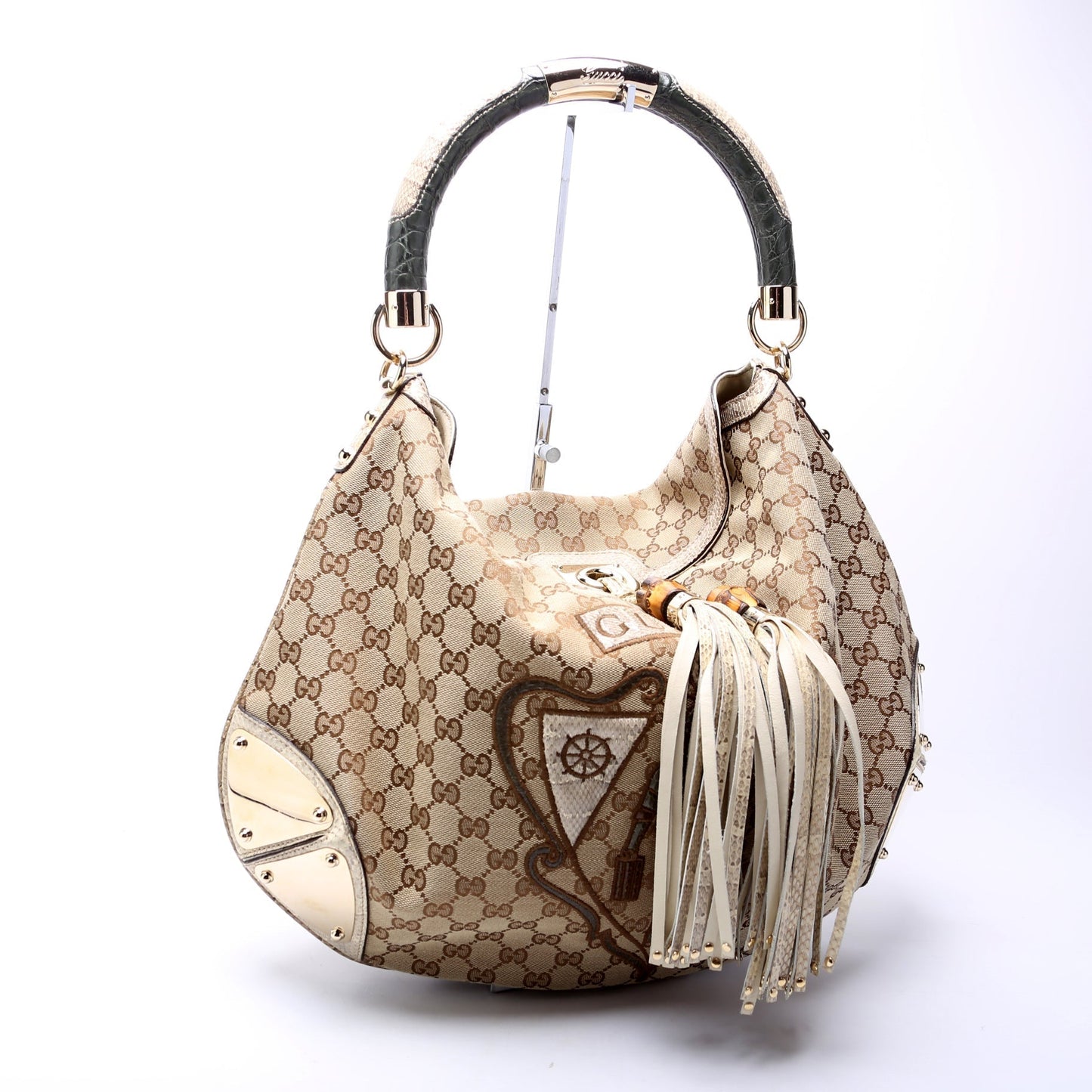 Gucci GG Crest Patchwork Indy Canvas Top Handle Shoulder Bag