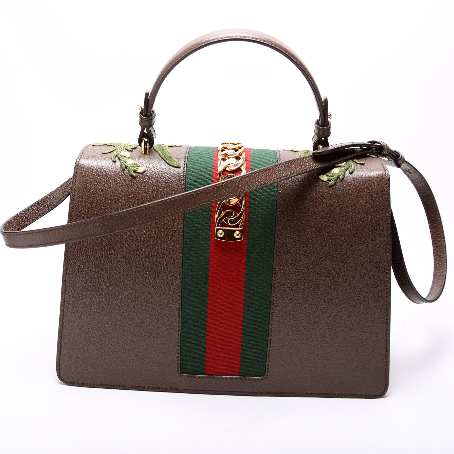 Gucci Sylvie Embroidered Calfskin Brown Medium Top Handle Handbag