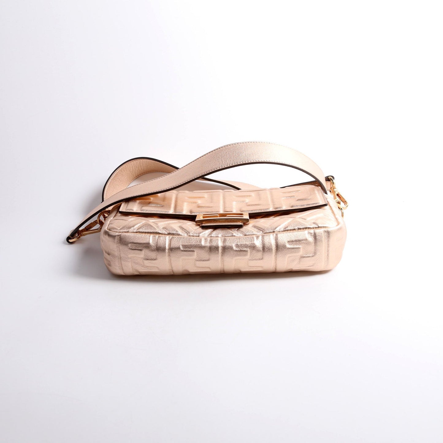 Fendi 8Br600Uette Ff Metallic Nappa Rose Bag Gold Embossed Travel Bag