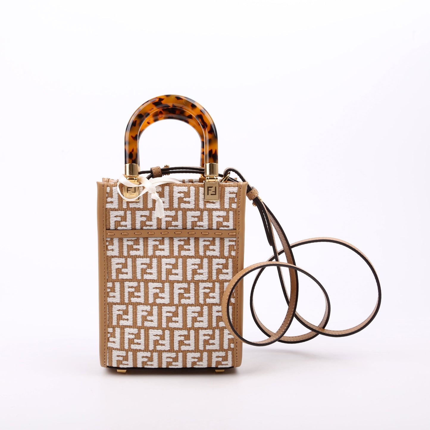 Fendi 8Bs051 Ff Sunshine Shopper Bag Raffia Tan Mini Travel Bag