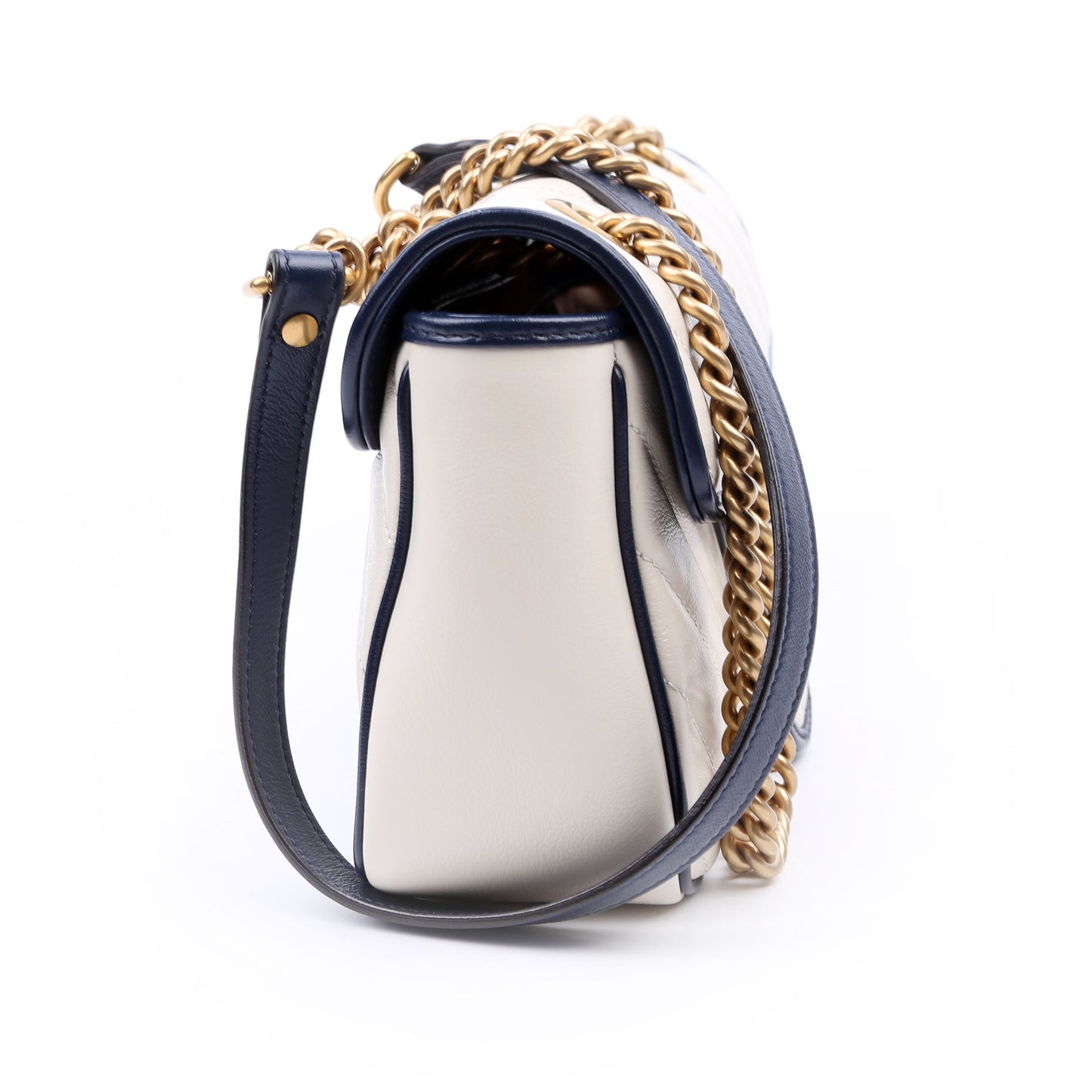 Gucci Marmont Torchon Ivory Navy Small Flap Shoulder Bag