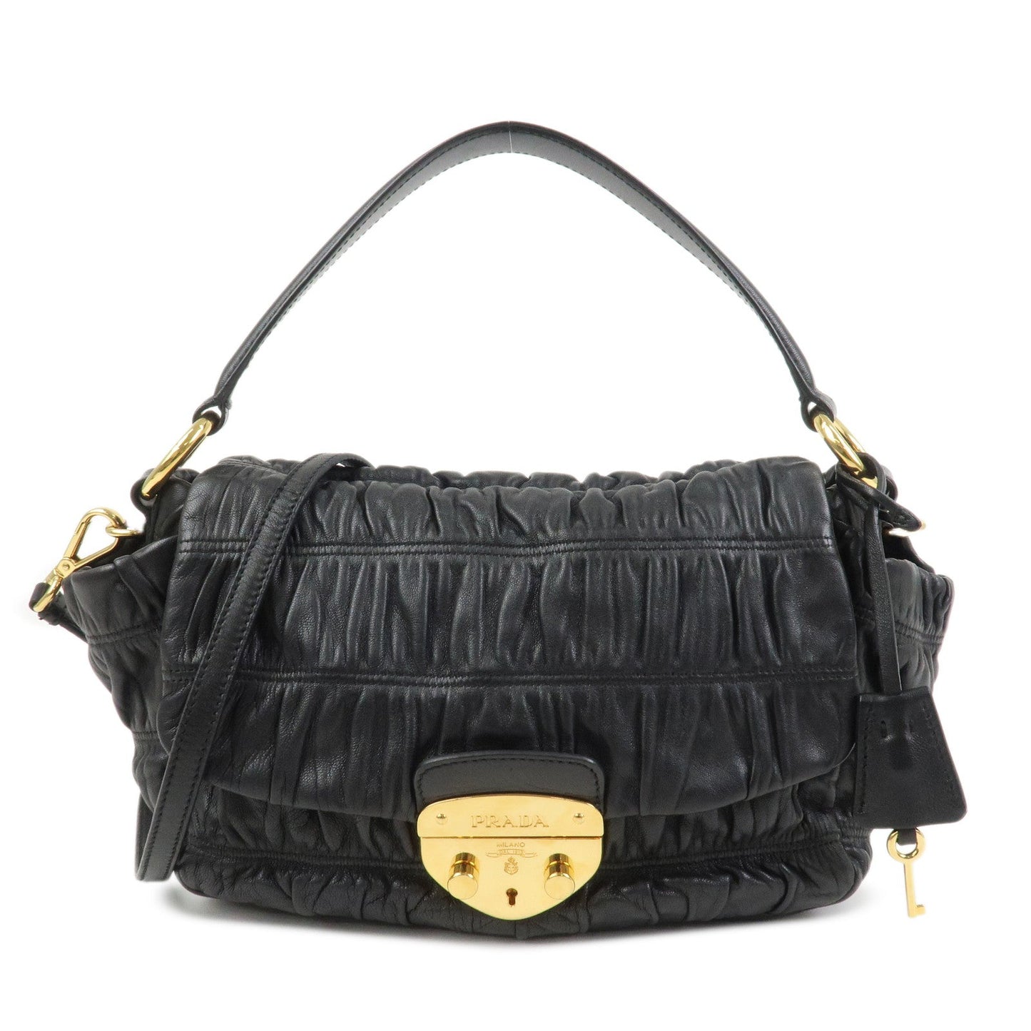 Shoulder Bag Gathered 2Way Bag Hand Bag Leather Black Logo
