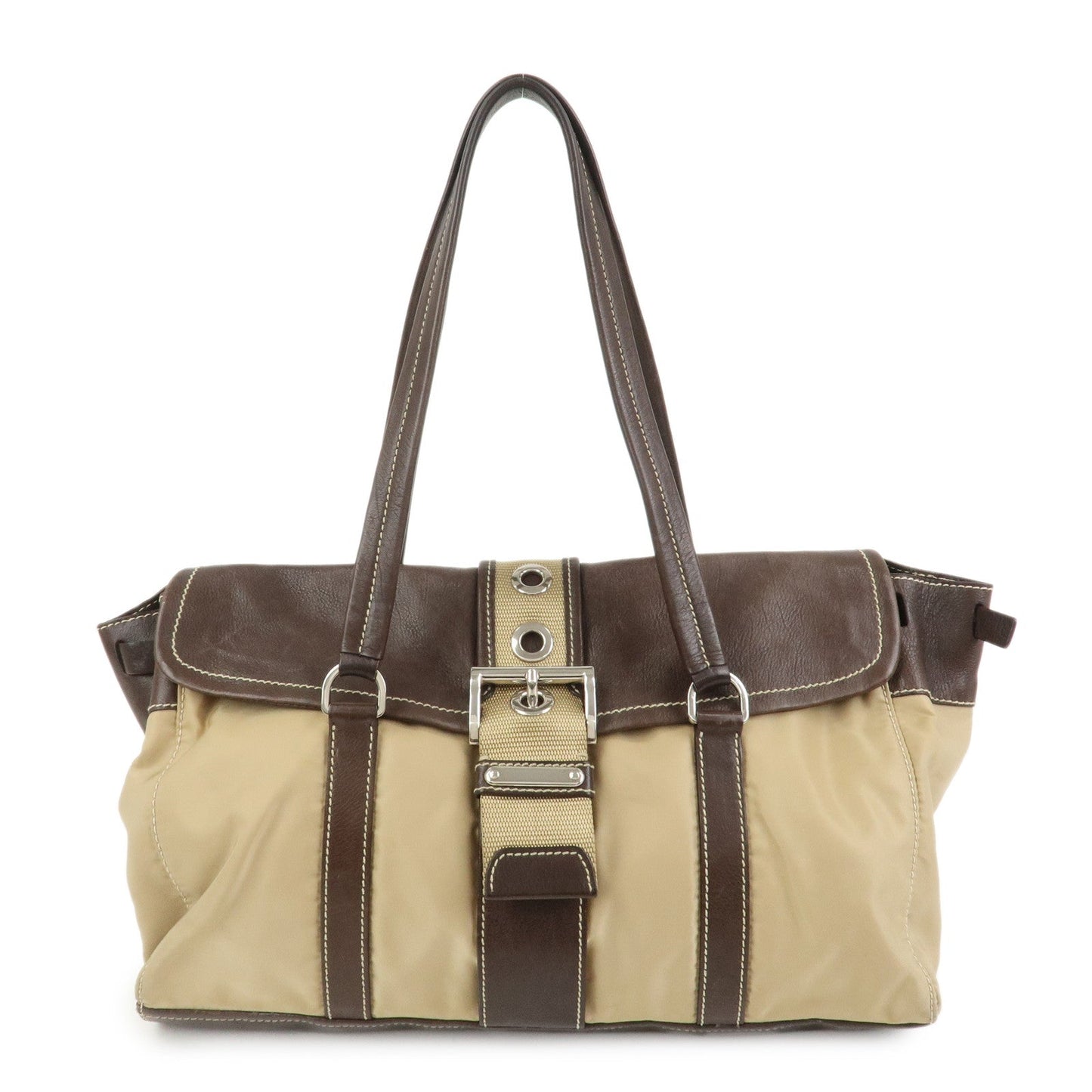 Shoulder Bag Triangle Leather Nylon Brown