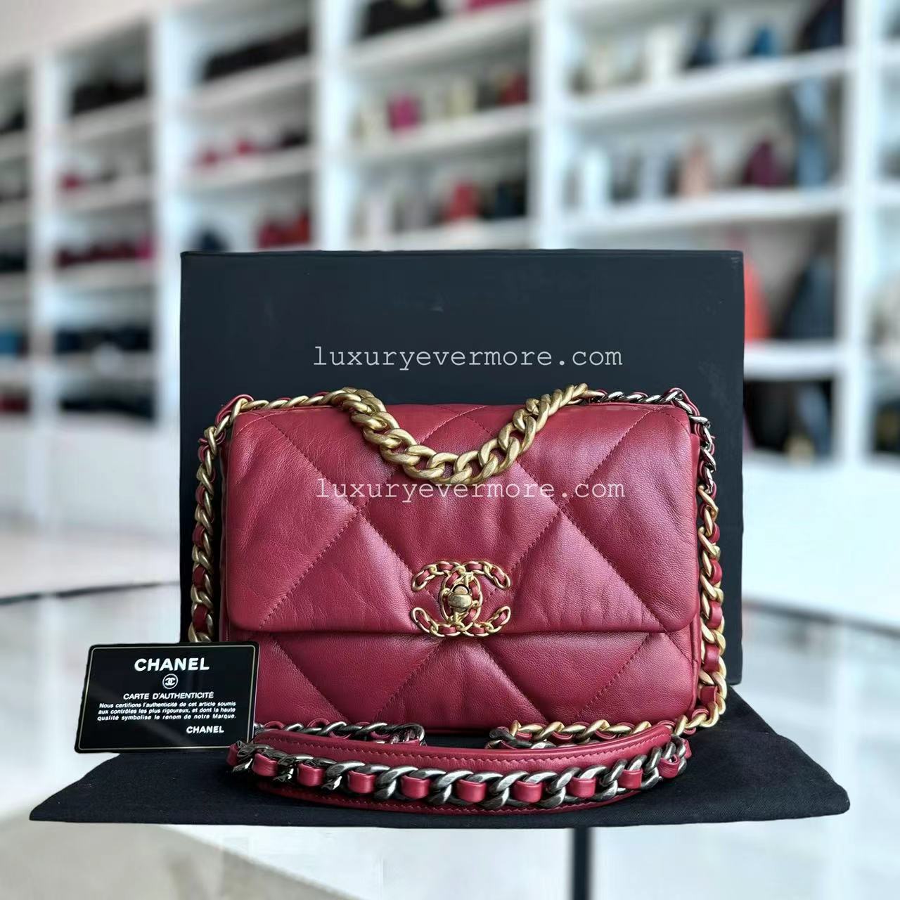 Chanel 19 Bag Goatskin Burgundy Two Tone Hardware Quilted Red Handbag
