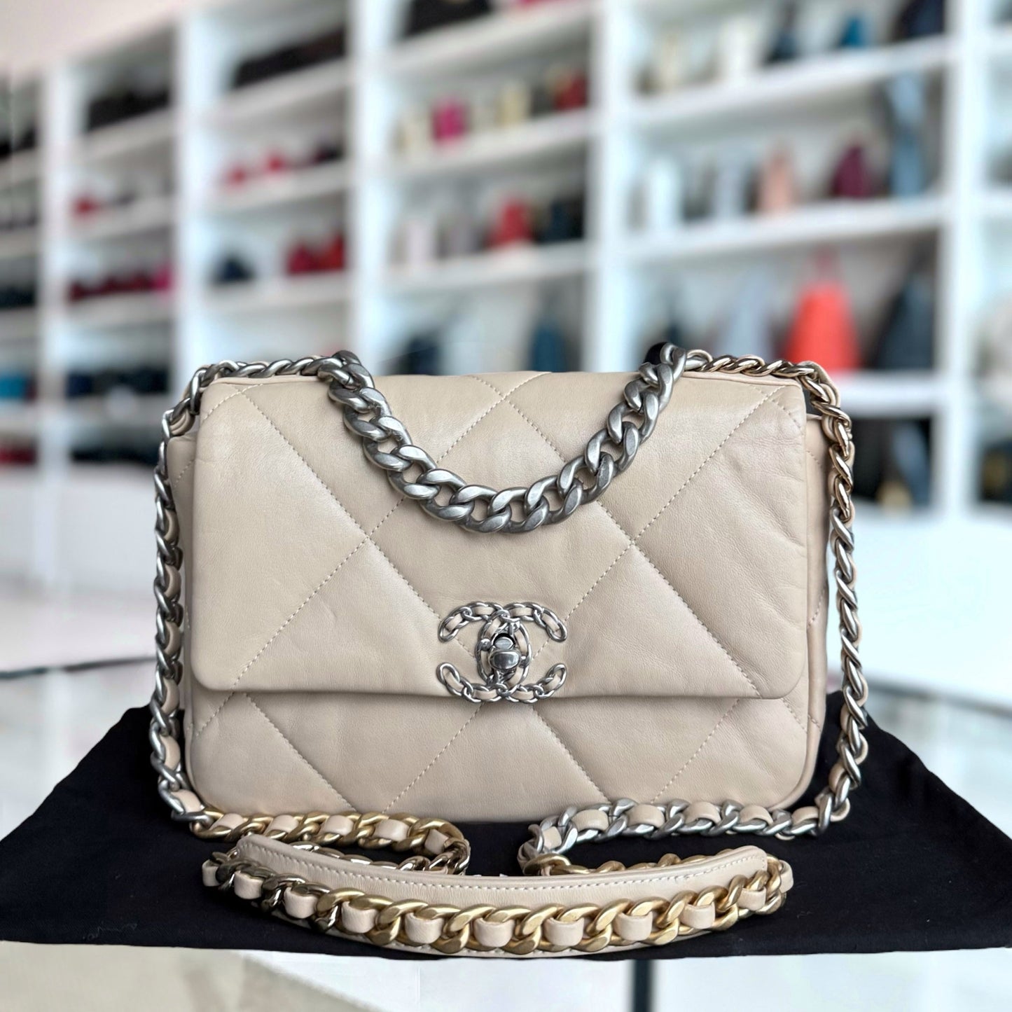 Chanel 19 Bag - Goatskin Light Two-tone Hardware Beige Small Handbag