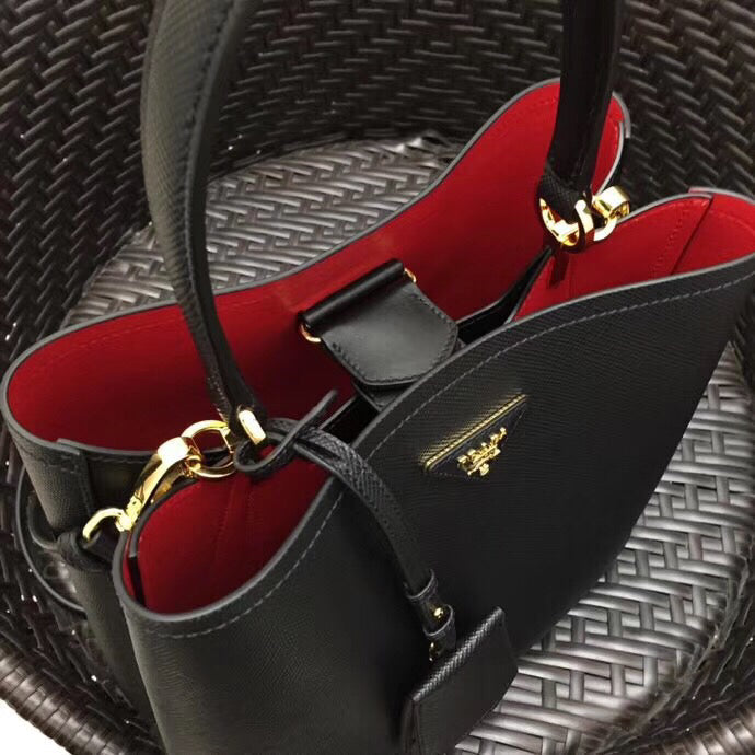 Prada Double Bag Leather Saffiano Black Travel Bag
