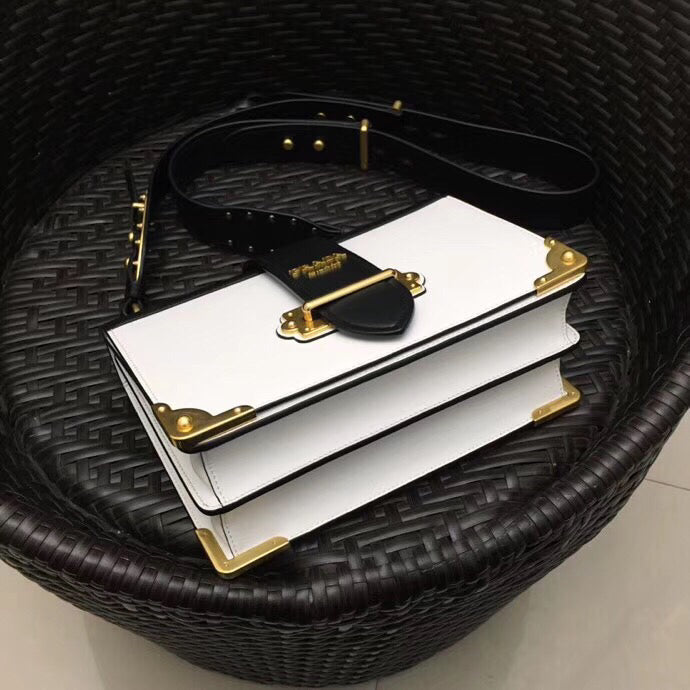 Prada Cahier Bag In Leather Black White Travel Bag