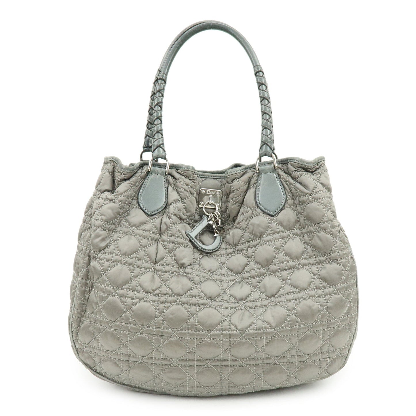 Dior Tote Bag Christian Cannage Shoulder Bag Leather Nylon Gray